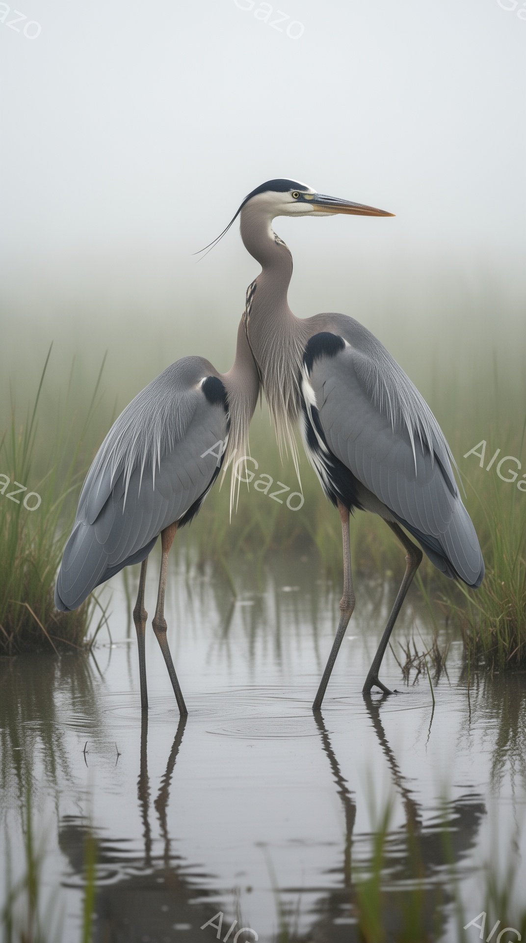 ２羽のサギが水中に立ち、静かな水面を背景にシルエットが映り込んでいる。薄暗い霧の中で、その優雅な姿は穏やかな雰囲気を醸し出している。水草が茂る浅瀬で、自然の美しさが際立っている。