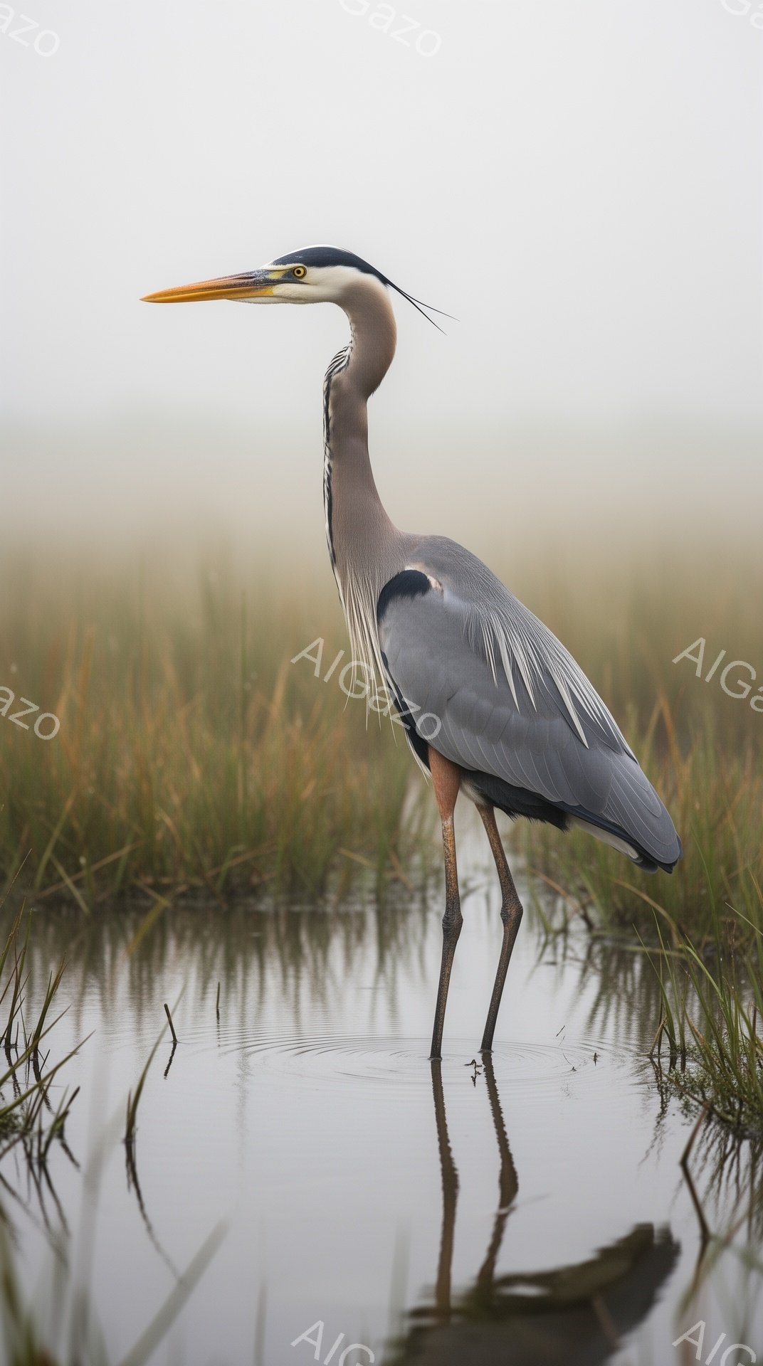 アオサギが浅い水の中に立っており、長い脚とくちばしが際立っている。周囲は霧に包まれ、背景の草木がぼやけており、静寂な雰囲気を醸し出している。水面にはアオサギの影が映り込み、全体的に穏やかで幻想的な印象を与える。