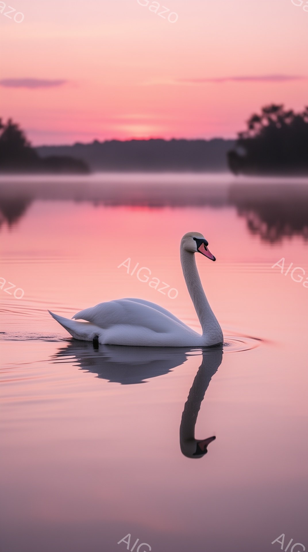 白い鳥が水面に優雅に浮かんでいます。夕焼けが水面をピンク色に染め、幻想的な雰囲気を醸し出しています。背景にはぼんやりとした緑の木々が見え、静寂な時間が流れています。 - AI生成フリー素材