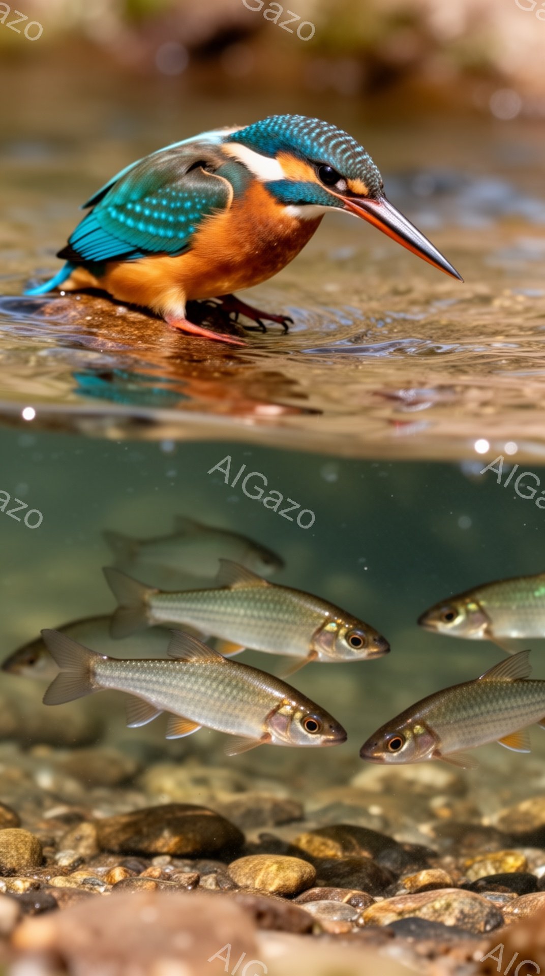 鮮やかな青とオレンジ色のカワセミが、水面から飛び出す直前の瞬間を捉えた写真です。水中の小魚たちが、カワセミの急降下を避けるように群れをなして泳いでいます。水面には光が反射し、キラキラと輝き、活気ある自然のシーンが広がっています。