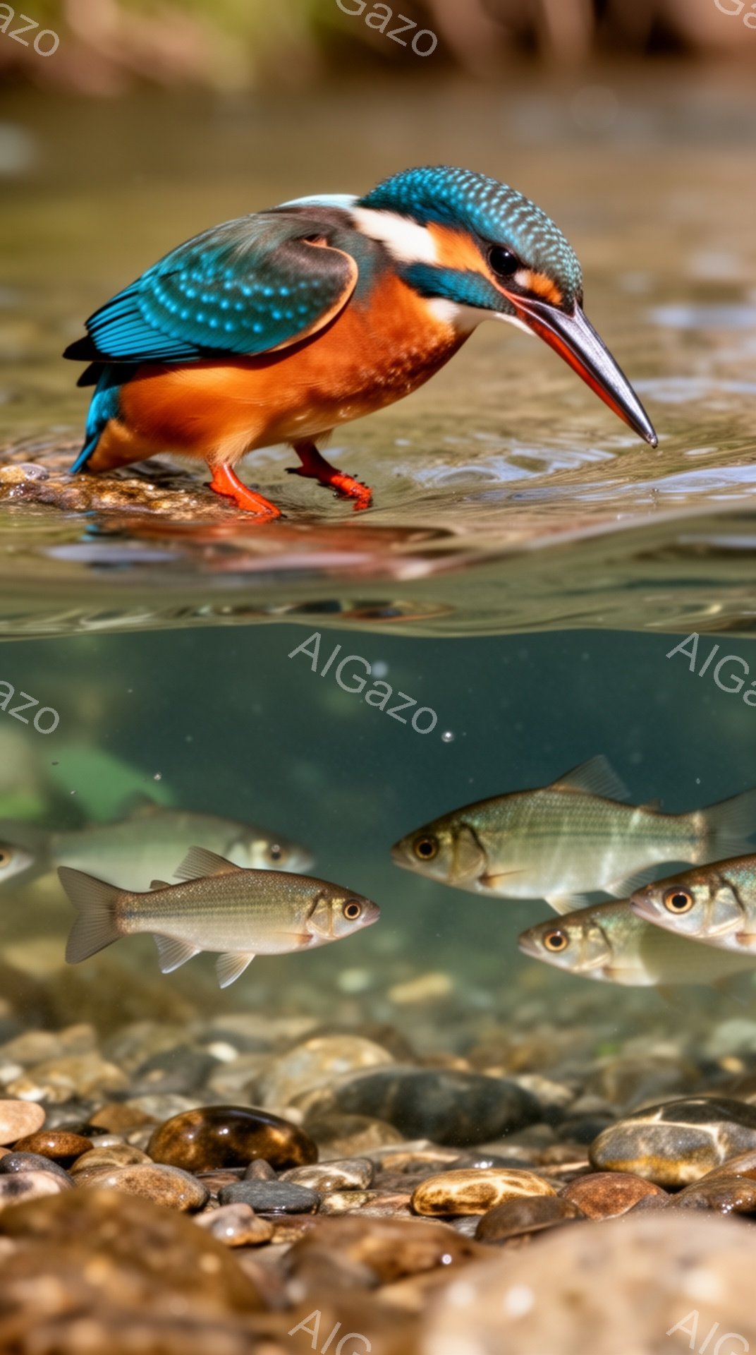 美しいカワセミが岩の上に止まり、獲物を狙っています。その鮮やかな羽色は、青、オレンジ、そして白が組み合わさり、水面下の魚たちとのコントラストが際立っています。水面は穏やかで、周囲の岩場は自然の美しさを引き立てています。