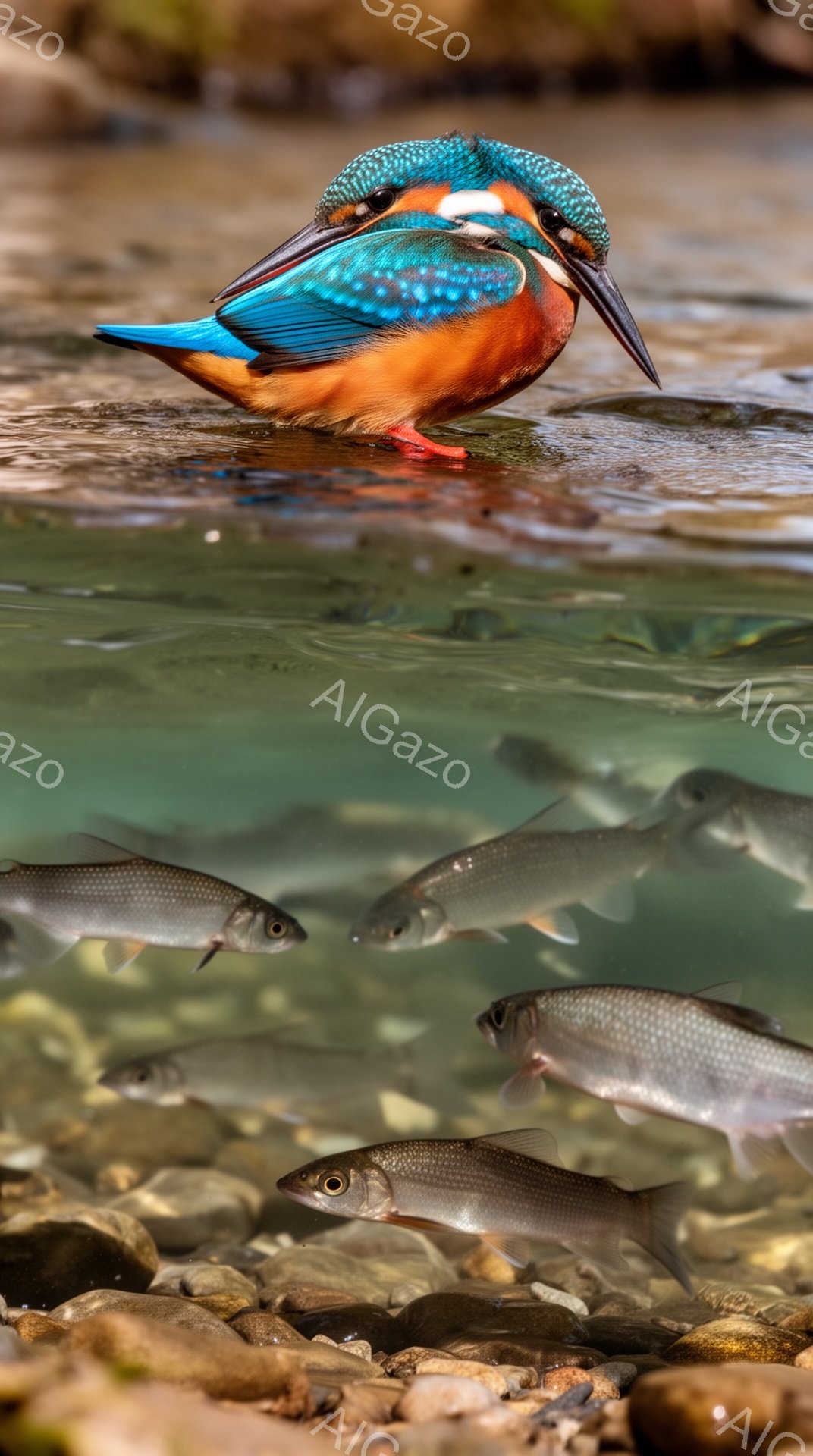 鮮やかな青い羽を持つカワセミが、水面近くの岩の上に静止している。周りには小魚が泳ぎ、水は透き通っていて、自然の美しさを際立たせている。光の反射が水面にきらめき、幻想的な雰囲気を醸し出している。