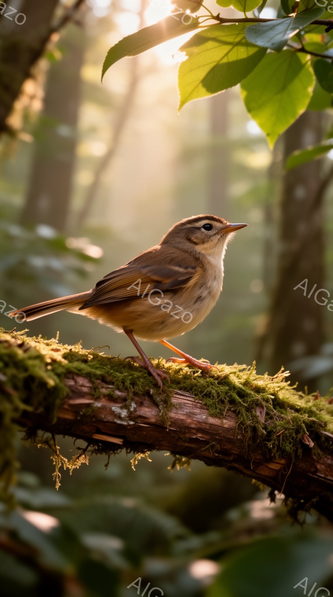 緑の苔が生えた木の枝にとまっている小さな茶色の鳥が写っている。背景は明るい光が差し込む緑豊かな木々で、柔らかな雰囲気を作り出している。鳥は横向きで、その姿は自然の中で静かに休息している様子を捉えている。