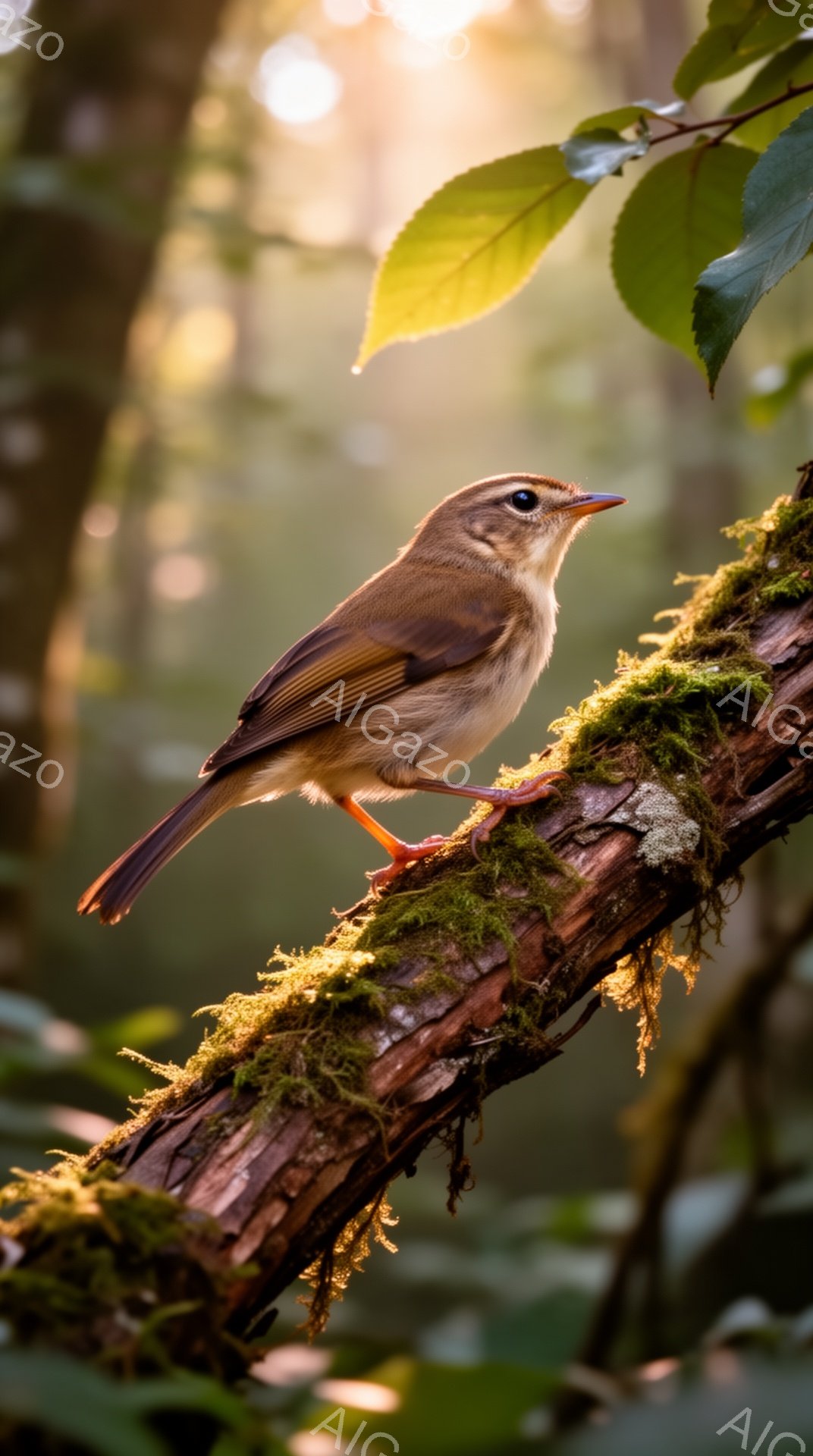 苔むした枝にとまる小さな鳥が写っている。朝日が差し込み、緑豊かな背景がぼやけており、温かい雰囲気を醸し出している。鳥の毛並みや苔の質感など、細部まで鮮明に捉えられている。 - AI生成フリー素材
