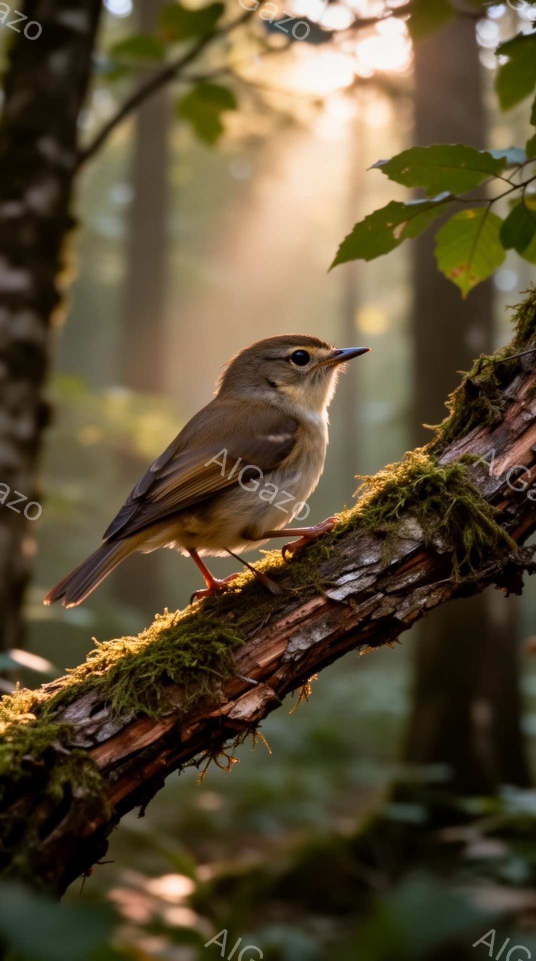 緑豊かな苔むした枝にとまった小さな茶色の鳥が写っている。背景には柔らかい光が差し込み、森の静けさと暖かさを感じさせる。鳥は右を向き、何かを探しているような表情をしている。 - AI生成フリー素材