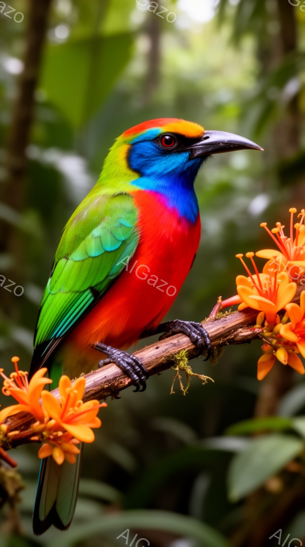 熱帯の鳥が枝にとまっていて、鮮やかな赤、緑、青の羽が目を引きます。背景は緑豊かな植物で、オレンジ色の花が鳥の美しさを引き立てています。光の当たり具合が美しく、生き生きとした雰囲気が伝わってきます。