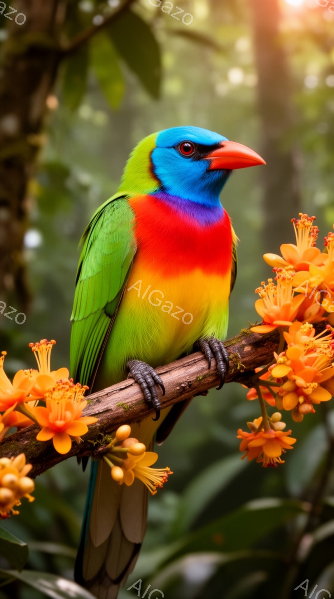 色鮮やかなオウムが木の枝にとまっており、鮮やかな緑、赤、黄色の羽が印象的です。背景には緑豊かな葉っぱとオレンジ色の花がぼやけて見え、自然の美しさを強調しています。明るい光が差し込み、平和で穏やかな雰囲気を醸し出しています。