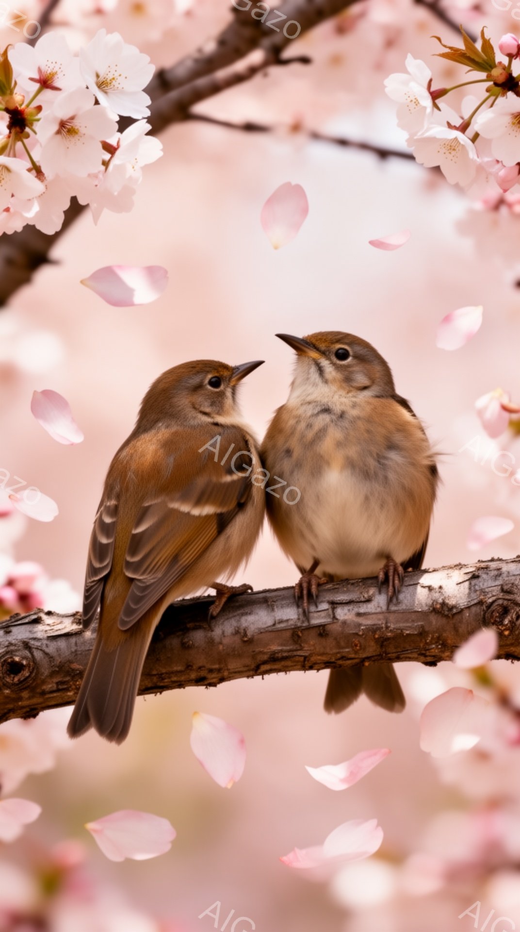 桜の枝に二羽の鳥が寄り添って止まっています。ピンク色の花びらが舞い散る背景は、春の暖かく優しい雰囲気を醸し出しています。鳥たちは互いに向き合い、穏やかな春の訪れを感じさせてくれます。