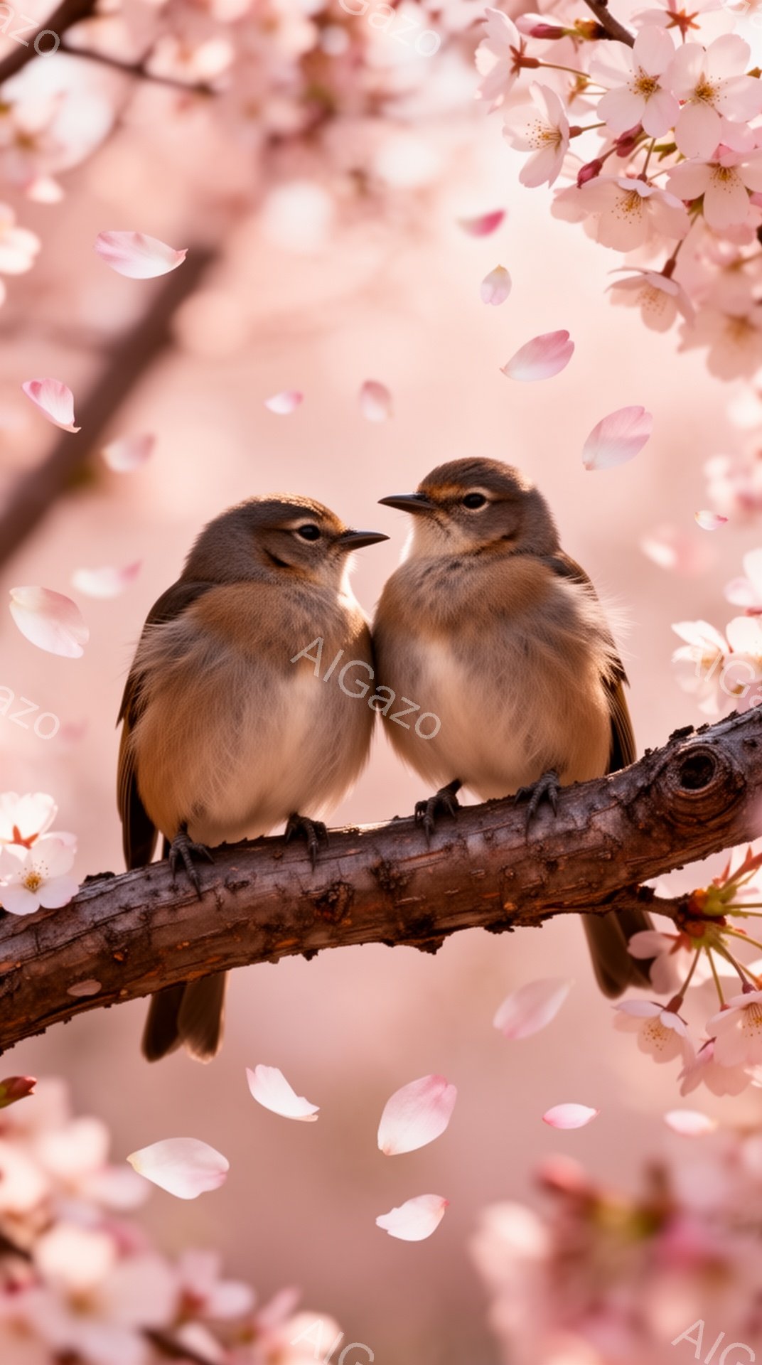 桜の枝に二羽の鳥が寄り添って座っています。背景は桜の花びらが舞い散り、春の穏やかな雰囲気を醸し出しています。鳥たちは互いに向き合い、優しい光の中で静かに時を過ごしているようです。