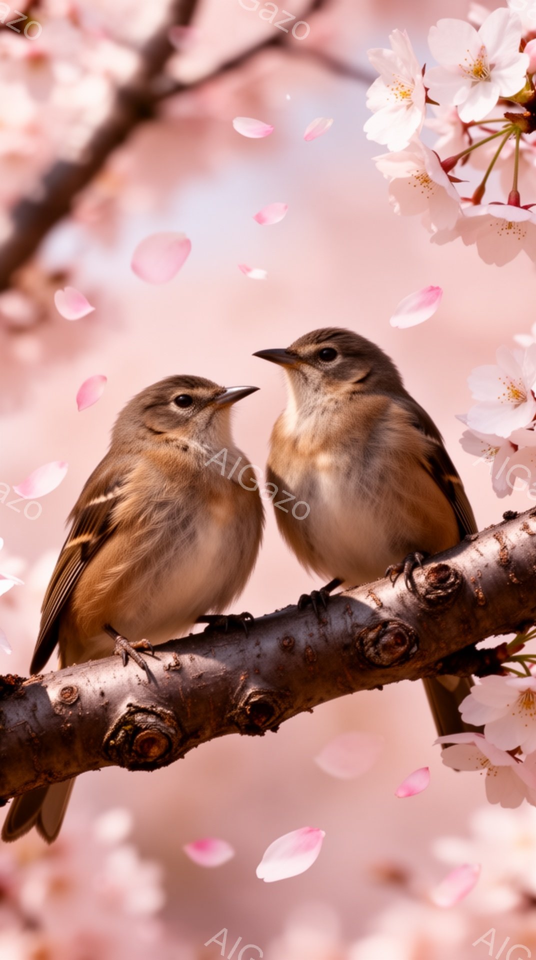 桜の枝に二羽のスズメが寄り添って座っています。周りには桜の花びらが舞い、春の暖かく穏やかな雰囲気を醸し出しています。二羽の姿は愛情深く、平和な光景です。