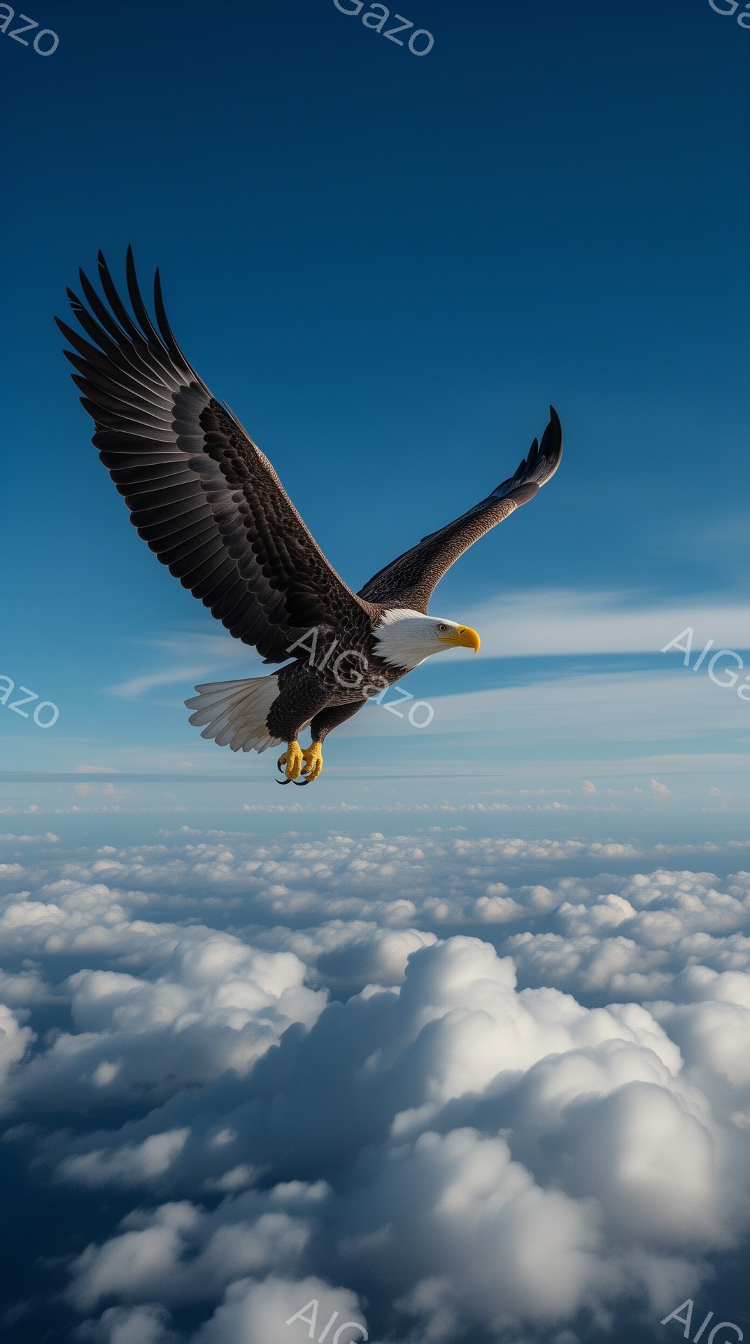 真っ青な空を背景に、白頭ハゲワシが翼を広げ、力強く飛んでいる。下には雲海が広がり、雄大でダイナミックな自然の風景が表現されている。その姿は自由と力強さの象徴である。