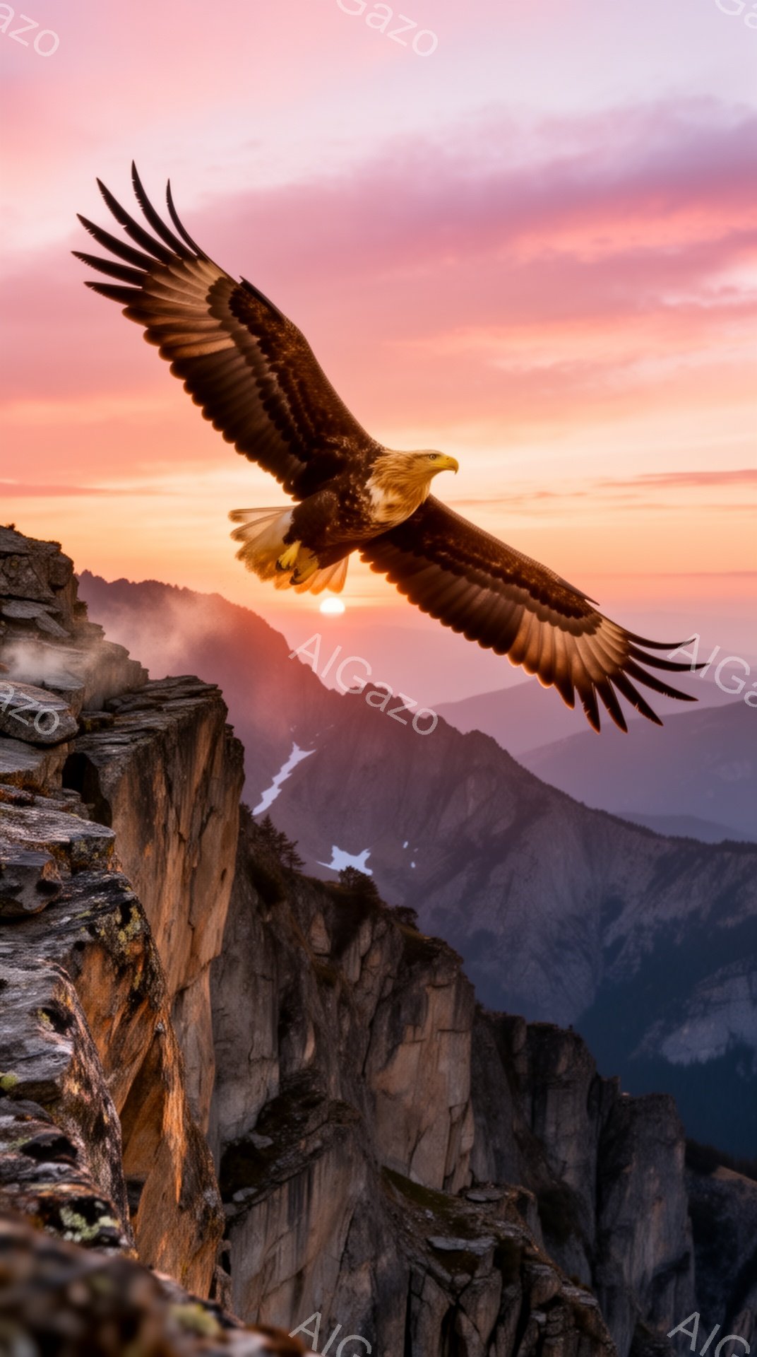 岩山の頂上に巨大なワシが飛び立ち、夕焼けに照らされた山々が背景に広がっている。力強い翼を広げ、まるで空を支配しているかのような姿は、見る者に圧倒的な印象を与える。暖色系の空と岩肌のコントラストが、雄大でドラマチックな雰囲気を醸し出している。