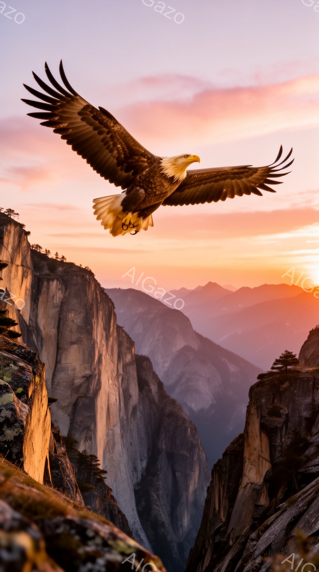 岩だらけの山々を背景に、翼を広げた白頭鷲が飛んでいる。夕焼け空はオレンジ色とピンク色に染まり、雄大な自然の力強さを感じさせる。鷲の鋭い眼差しは、静かで穏やかな景色の中にあっても、野生のスピリットを象徴 - AI生成フリー素材