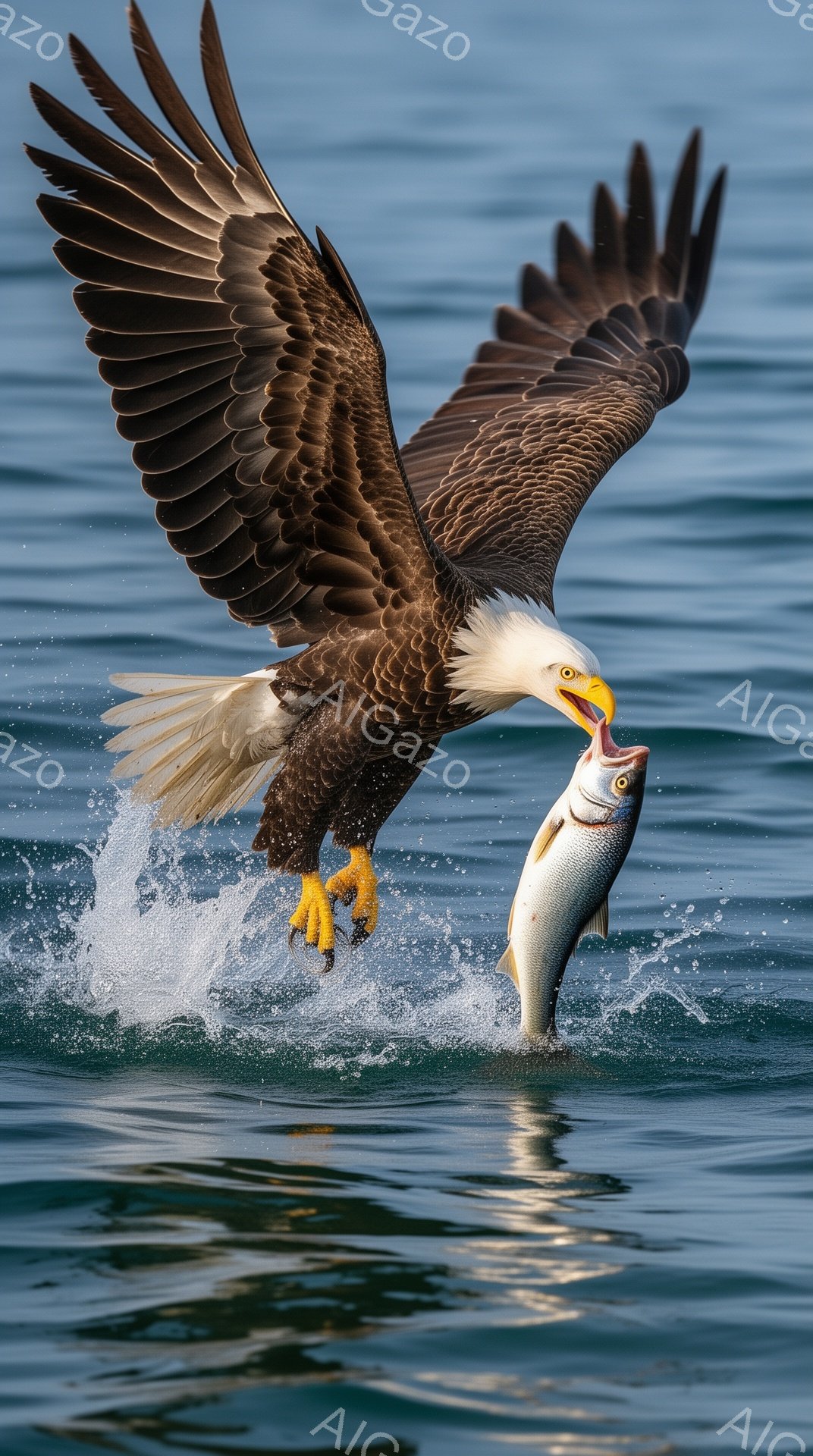 白頭鷲が獲物を捕らえ、水面から飛び立とうとしている瞬間を捉えた写真です。翼を大きく広げ、鋭い爪で銀色の魚をしっかりと掴んでいます。水しぶきが飛び散り、力強くダイナミックな様子が伝わってきます。