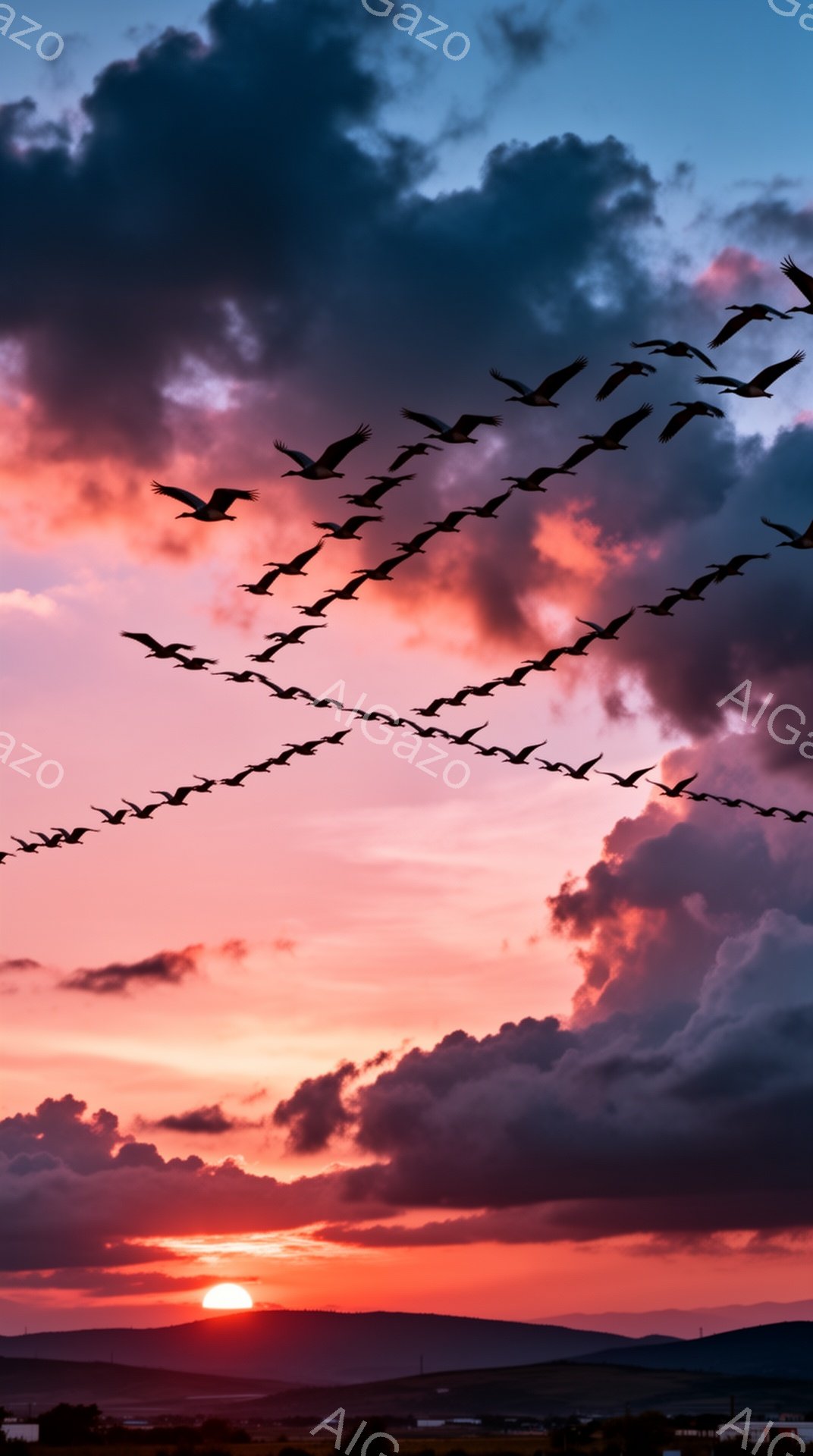 燃えるような夕焼け空を、V字型に群れをなした鳥たちが飛んでいる。地平線には山並みがぼんやりと見え、空は赤やオレンジ、紫のグラデーションで彩られている。自然の壮大さと静寂が感じられる美しい光景だ。