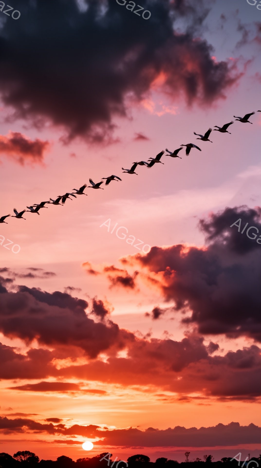 燃えるような夕焼け空を、V字編隊の鳥たちが飛んでいる。地平線にはシルエットの木々と太陽がわずかに覗き、空全体がピンクとオレンジのグラデーションに染まっている。壮大で美しい自然の風景が広がっている。