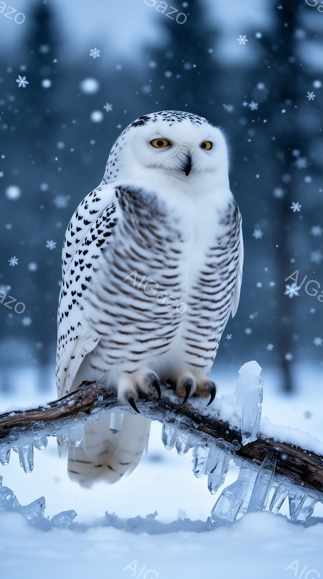 雪の降る森の中で、白いフクロウが氷のついた木の枝にとまっている。その瞳は鋭く、周囲を見渡している。冬の静寂とフクロウの威厳が感じられる美しい光景だ。