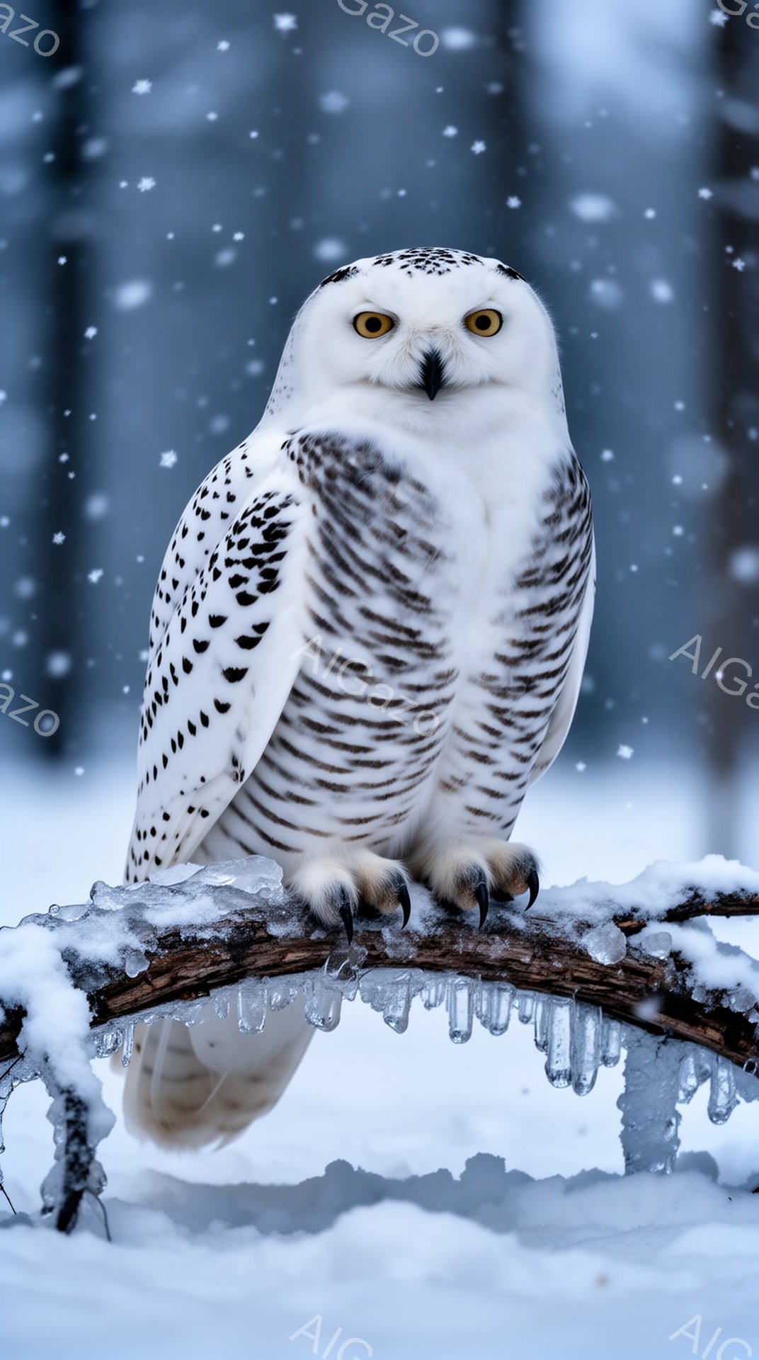 雪の中に佇むフクロウが描かれています。氷で覆われた枝に止まり、鋭い眼光でこちらを見つめています。背景は白く雪景色で、寒々しいながらも荘厳な雰囲気を醸し出しています。