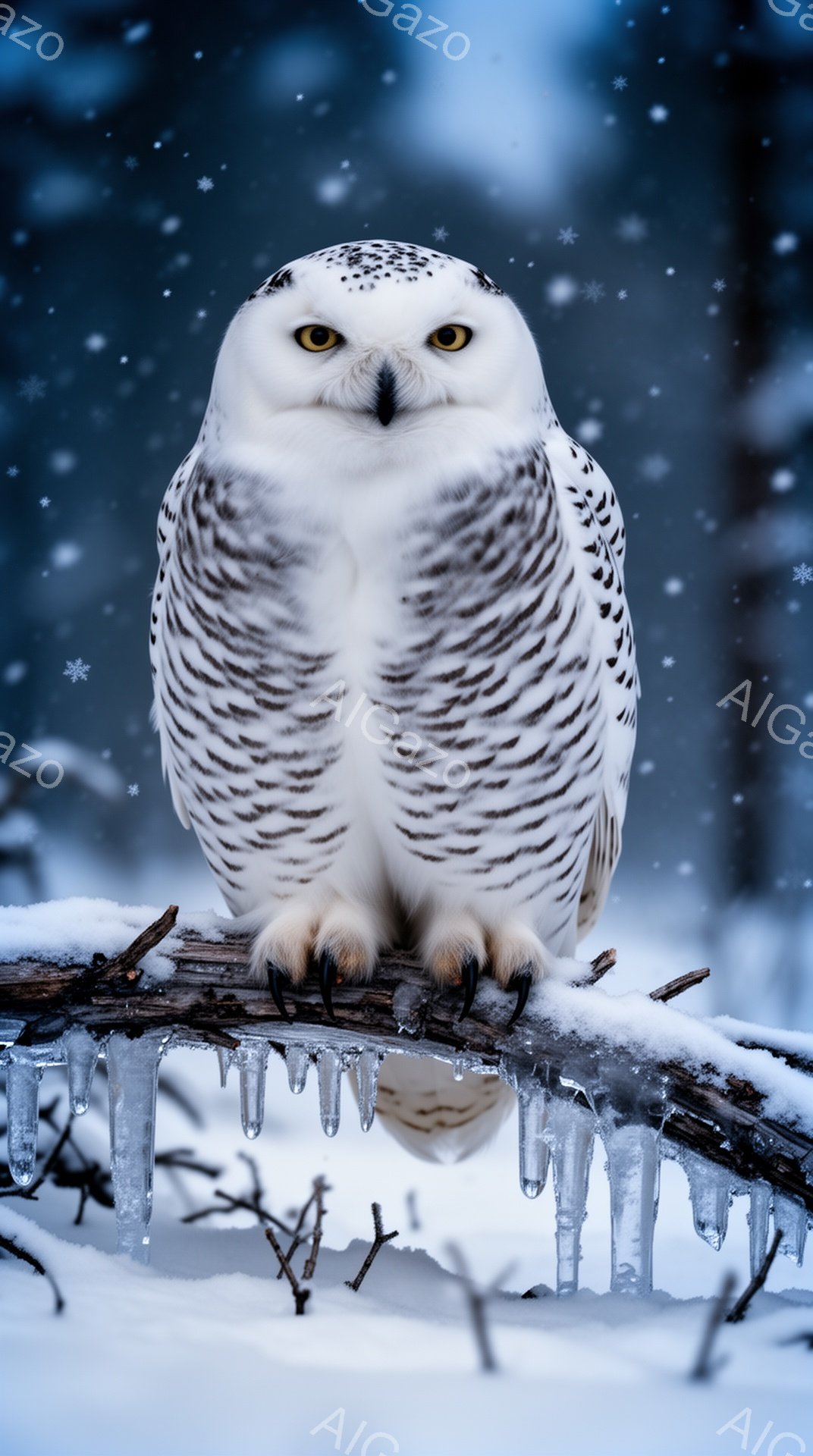 雪景色の中で、一羽のフクロウが凍った枝にとまっています。白い羽毛と鋭い眼光が印象的で、冬の静寂と厳しさを感じさせます。背景には雪が舞い、幻想的な雰囲気を醸し出しています。