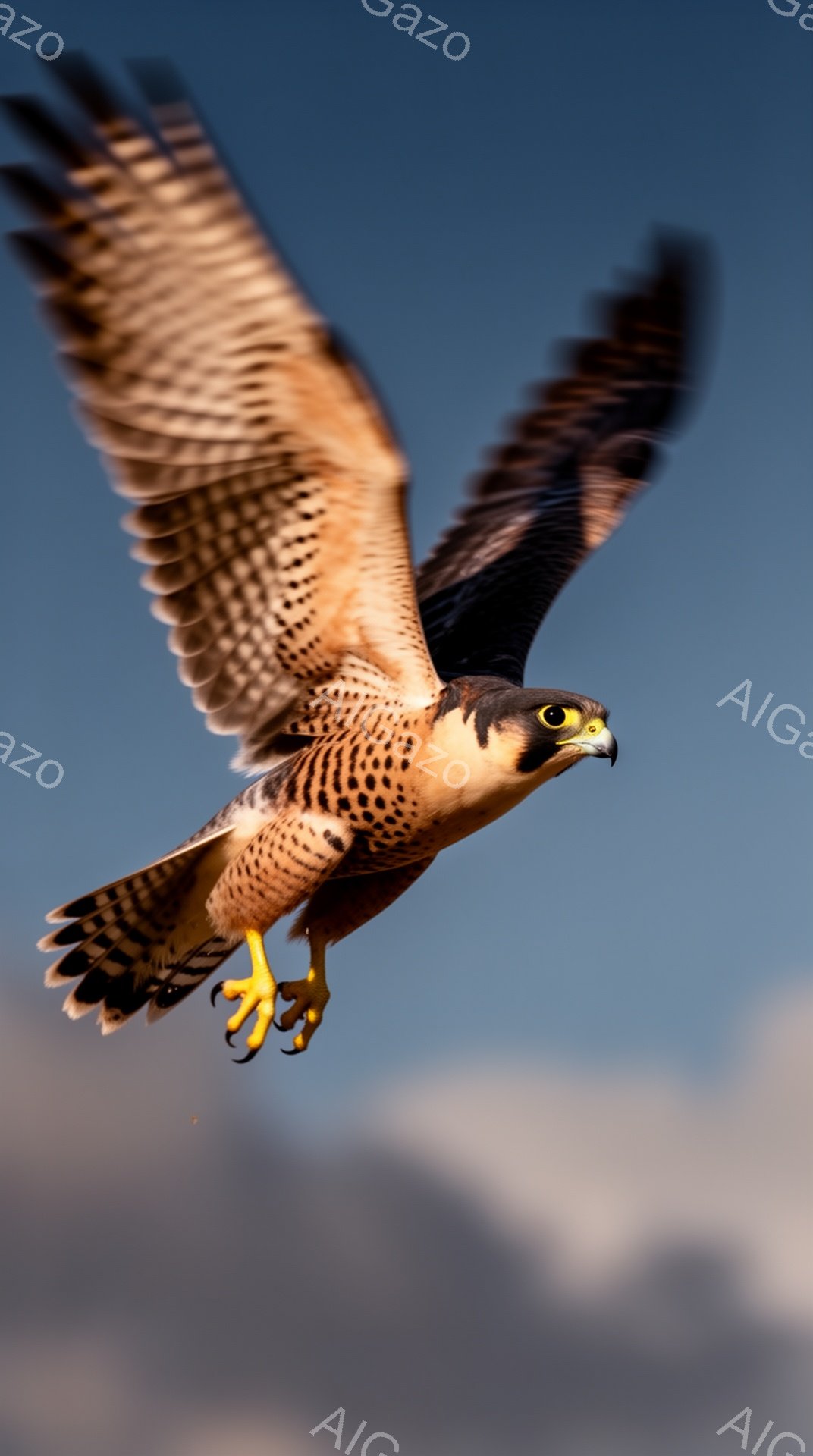 鮮やかな青空を背景に、猛禽類のハヤブサが翼を広げて飛んでいる。鋭い眼光と力強い爪が特徴的で、まさに空中を支配する捕食者の姿だ。光の加減で羽の模様が際立ち、躍動感あふれる瞬間を捉えている。