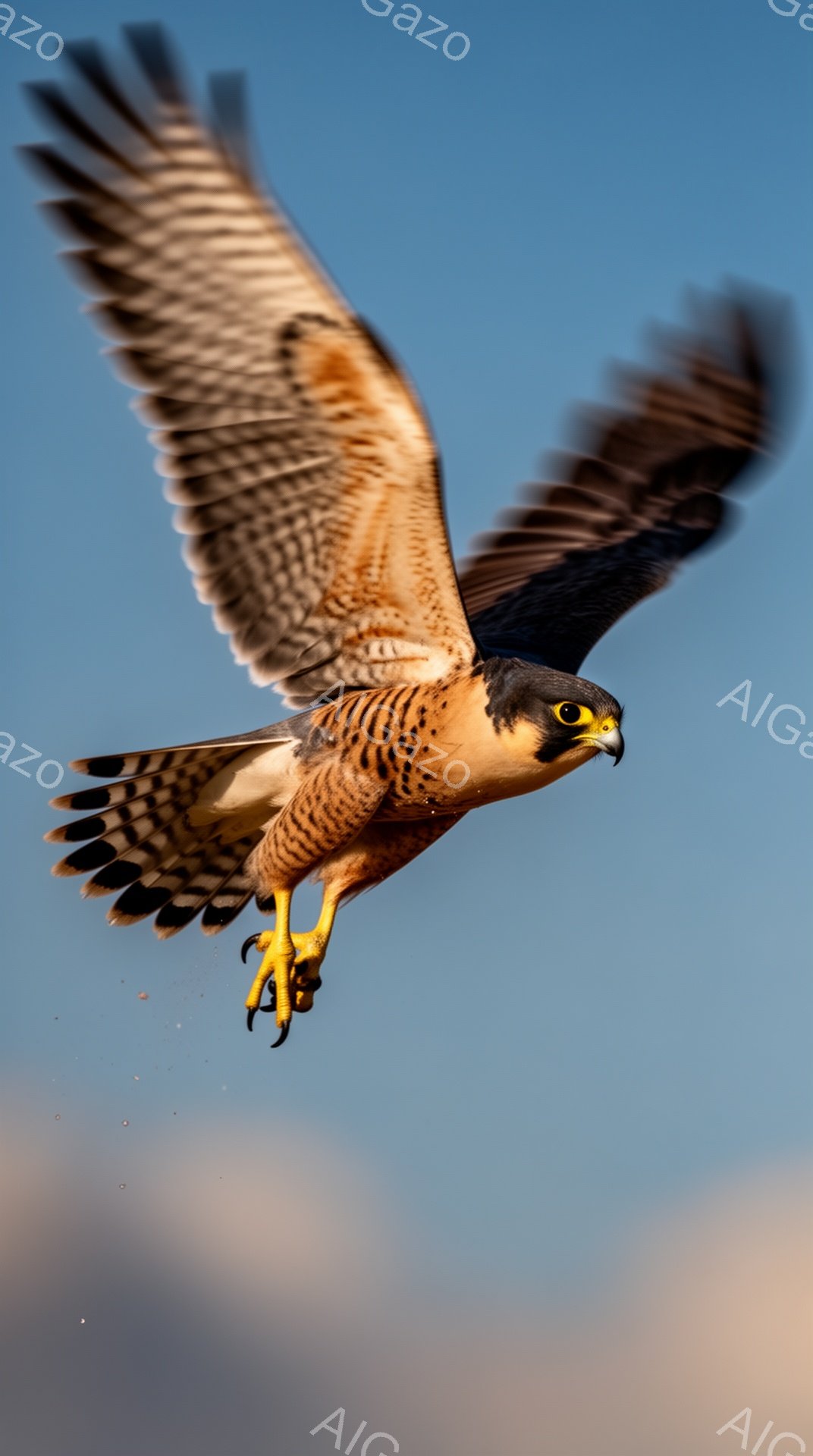 空を飛ぶ猛禽類の美しい瞬間を捉えた写真です。翼を広げ、鋭い爪を前に突き出し、獲物を狙う姿は力強く、空の支配者としての威厳を感じさせます。背景の青空とのコントラストが、その飛行のスピードと鮮やかさを強調しています。