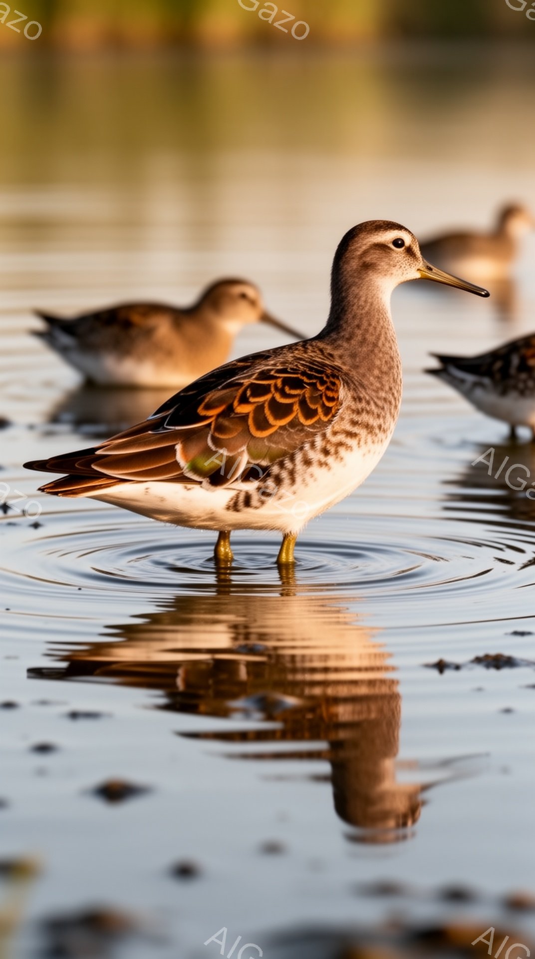 水面に浮かぶ水鳥が描かれています。茶色と白の羽毛を持ち、穏やかな水面に波紋を作りながら優雅に浮かんでいます。背景には他の水鳥も見え、水辺の静かな雰囲気が伝わってきます。 - AI生成フリー素材