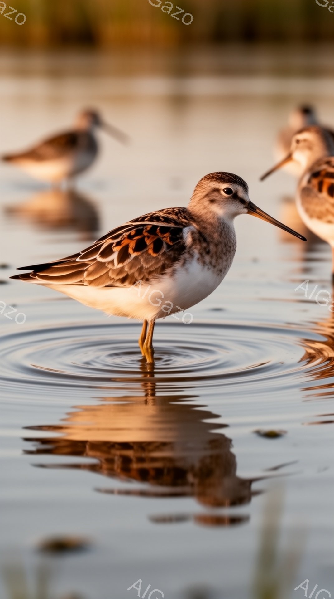 浅い水の中に、数羽の鳥が佇んでいます。水面には波紋が広がり、鳥たちの姿を鏡のように映し出しています。夕暮れ時の穏やかな光が鳥たちを優しく照らし、静寂な雰囲気を醸し出しています。