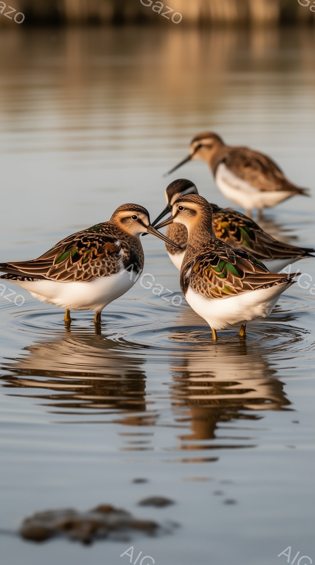 浅瀬で数羽のチドリが寄り添い、水面に美しい反射を見せています。互いに触れ合うようにして静かに佇み、穏やかな夕暮れ時の雰囲気を醸し出しています。水面には鳥たちの姿が揺らぎ、幻想的な光景が広がっています。