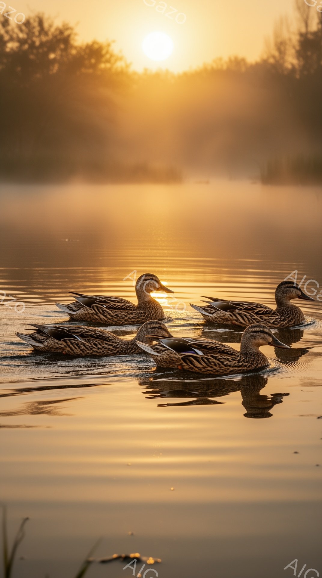 穏やかな水面をカモたちが静かに泳いでいる。朝日が水面に反射し、黄金色の光が全体を包み込み、幻想的な雰囲気を醸し出している。早朝の霧が立ち込め、自然の美しさを際立たせている。