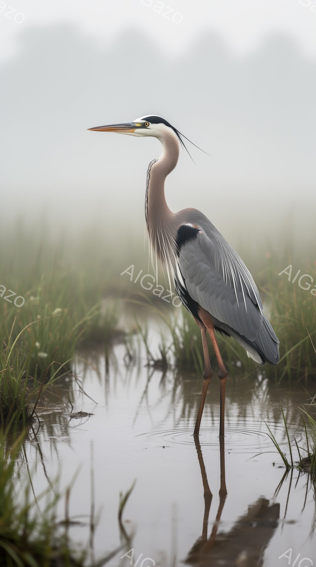青い空を背景に、長い脚で浅い水中に立つサギが写っている。周囲は霧に包まれ、水面にはサギの姿が映り込み、静かで幻想的な雰囲気を醸し出している。サギの羽毛は灰色と黒で構成され、その優雅な姿が際立っている。