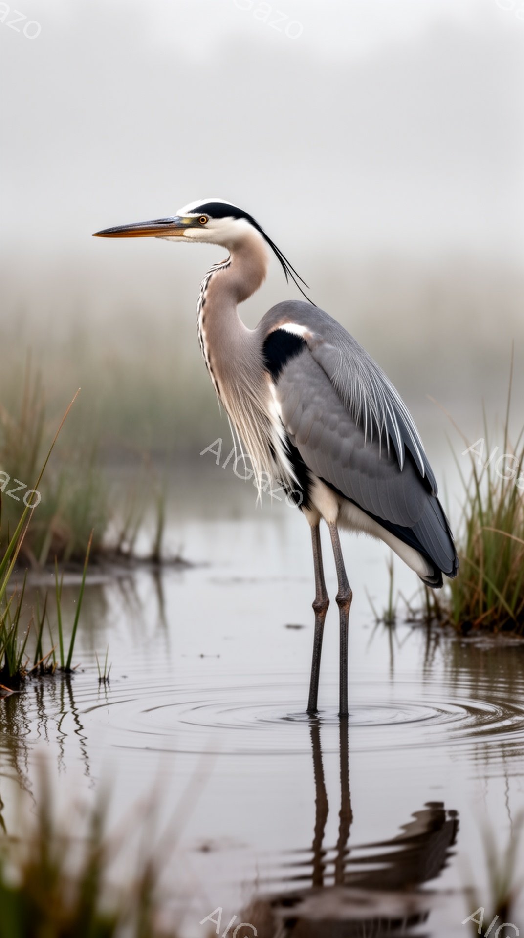 アメリカサギが浅い水辺で静かに立っている。細長い足は水面を映し、周囲の草木と薄暗い背景が穏やかな雰囲気を醸し出している。鳥の毛並みは細かく、雨上がりのようなしっとりとした空気が感じられる。