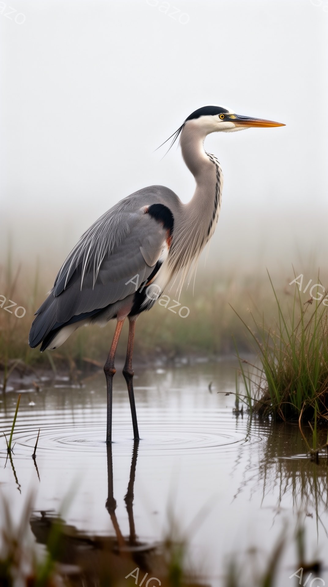 灰色がかった大きな鳥が、浅い水の中に立っている。その鳥はアオサギで、長い足と嘴、そして見つめるような鋭い眼差しが特徴的だ。水面には鳥の影が映り、周囲は霧に包まれて静寂な雰囲気を醸し出している。