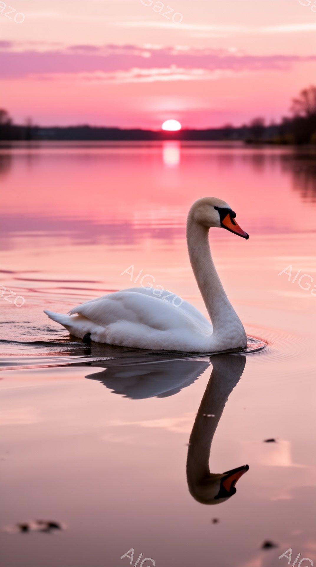 白鳥が穏やかな湖面を優雅に泳いでいる。夕焼け空が湖面に反射し、幻想的なピンク色の光景を作り出している。静寂と安らぎを感じさせる美しい瞬間だ。 - AI生成フリー素材