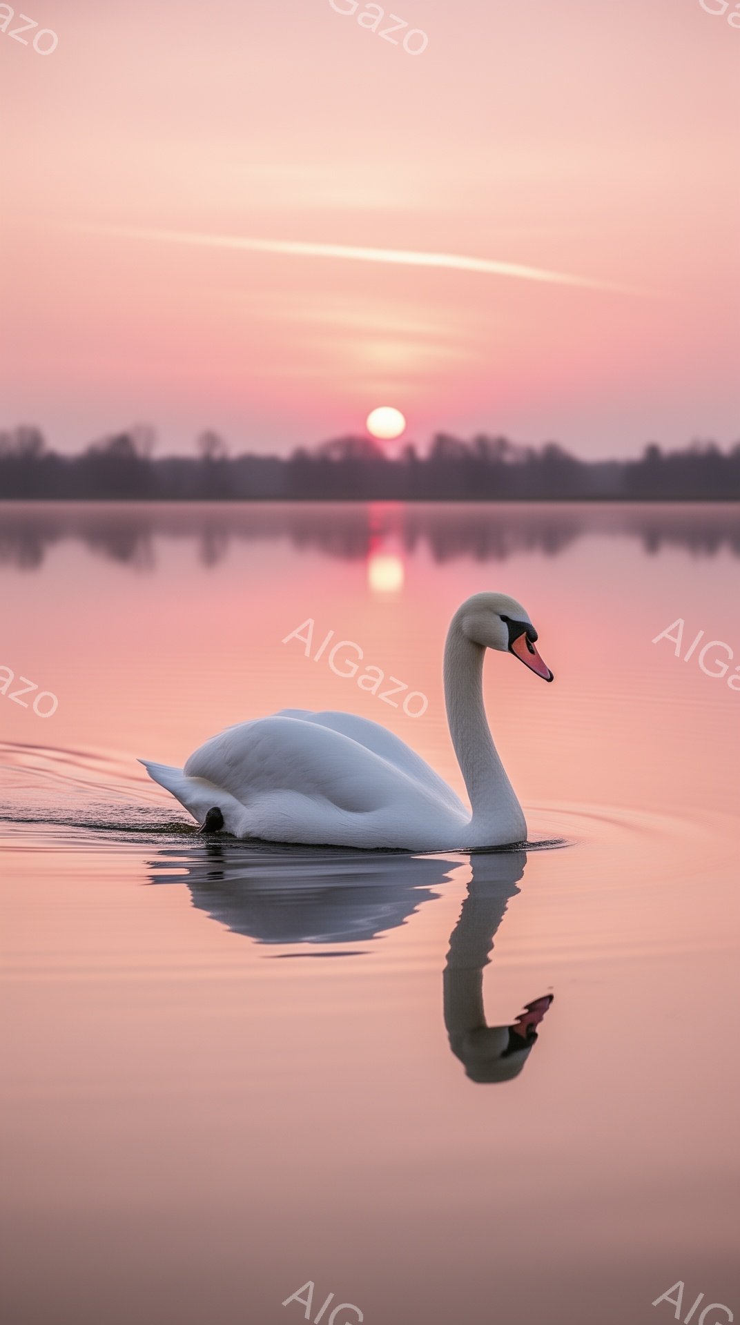 白い白鳥が穏やかな水面を優雅に泳いでいる。背景には夕焼けが広がり、水面に反射してピンク色の美しい光景を作り出している。静かで穏やかな雰囲気が感じられる。 - AI生成フリー素材