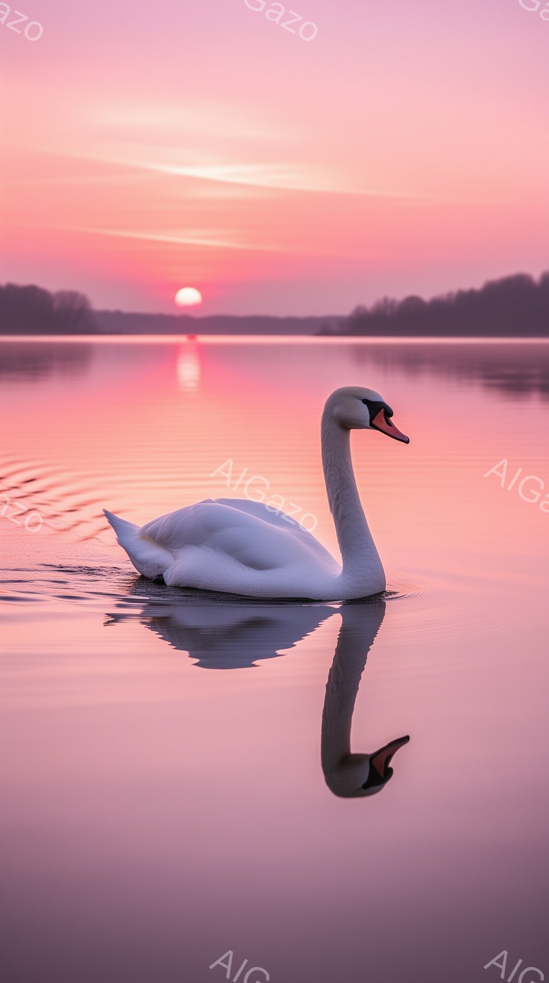 白鳥が穏やかな水面を優雅に泳いでいる。夕焼け空が水面に反射し、ピンクとオレンジ色の美しいグラデーションを作り出している。静寂で平和な雰囲気が漂う、幻想的な光景だ。 - AI生成フリー素材
