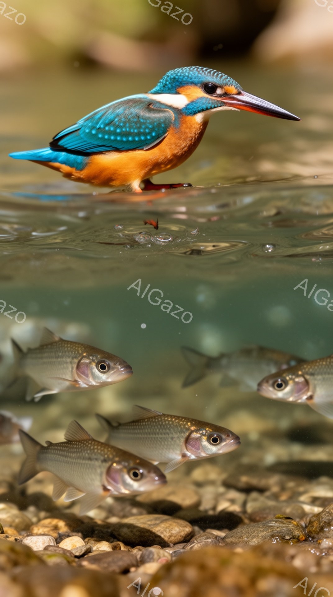 カラフルなカワセミが水面近くを飛び、獲物を狙っている。水面には魚の群れがおり、背景にはぼやけた水中の岩や砂利が見える。光の反射が水面にきらめき、活気ある自然の瞬間を捉えている。