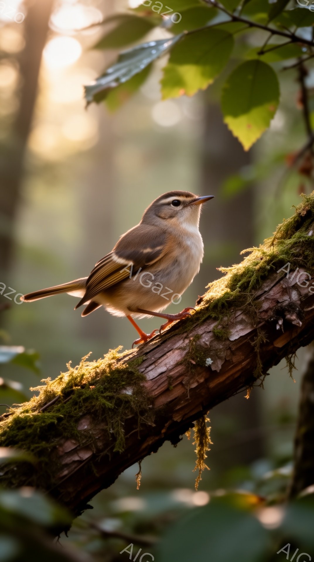 明るい光が差し込む森の中で、緑色の苔が生えた枝にとまっている小さな鳥が描かれている。 鳥は茶色と白の模様を持ち、鋭い視線で何かを見つめているようだ。背景にはぼやけた緑色の葉が広がり、穏やかな自然の雰囲 - AI生成フリー素材