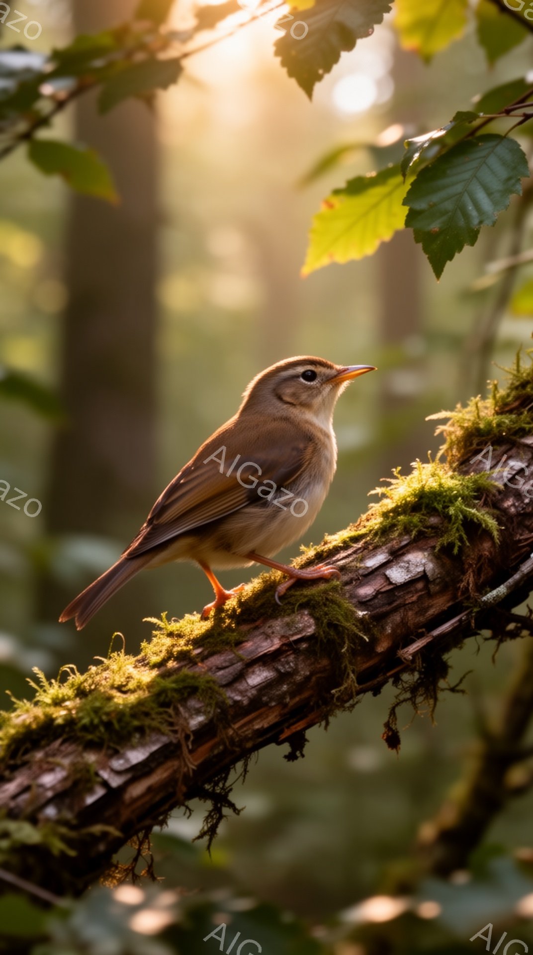 緑の苔むした枝にとまる小さな鳥が写っている。背景は柔らかい光が差し込む森で、自然の温かさと静けさが感じられる。鳥の毛並みや苔の質感、光の表現が細かく、美しい瞬間を捉えている。 - AI生成フリー素材
