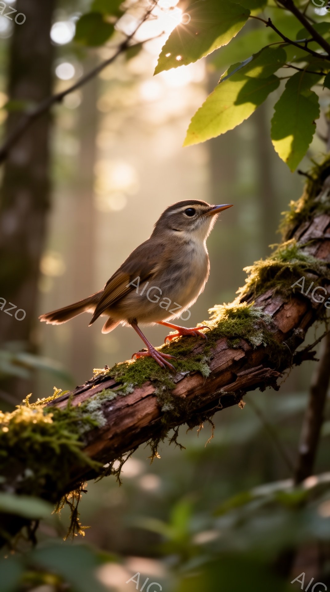 緑豊かな背景に、コケの生えた木の枝にとまる小さな鳥が写っている。太陽の光が差し込み、鳥の羽毛を照らし、暖かく柔らかな雰囲気を醸し出している。鳥は警戒心と好奇心を持って、こちらを見つめているようだ。