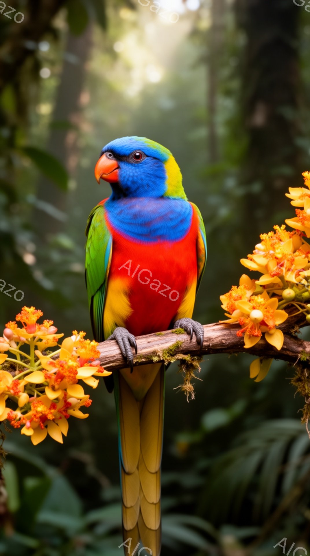 明るい緑、赤、青の美しいインコが枝に止まっています。背景は緑豊かな植物で、太陽の光が差し込み、鮮やかなオレンジ色の花が添えられています。鳥の鮮やかな色彩と自然の背景が調和し、生き生きとした雰囲気を醸し - AI生成フリー素材