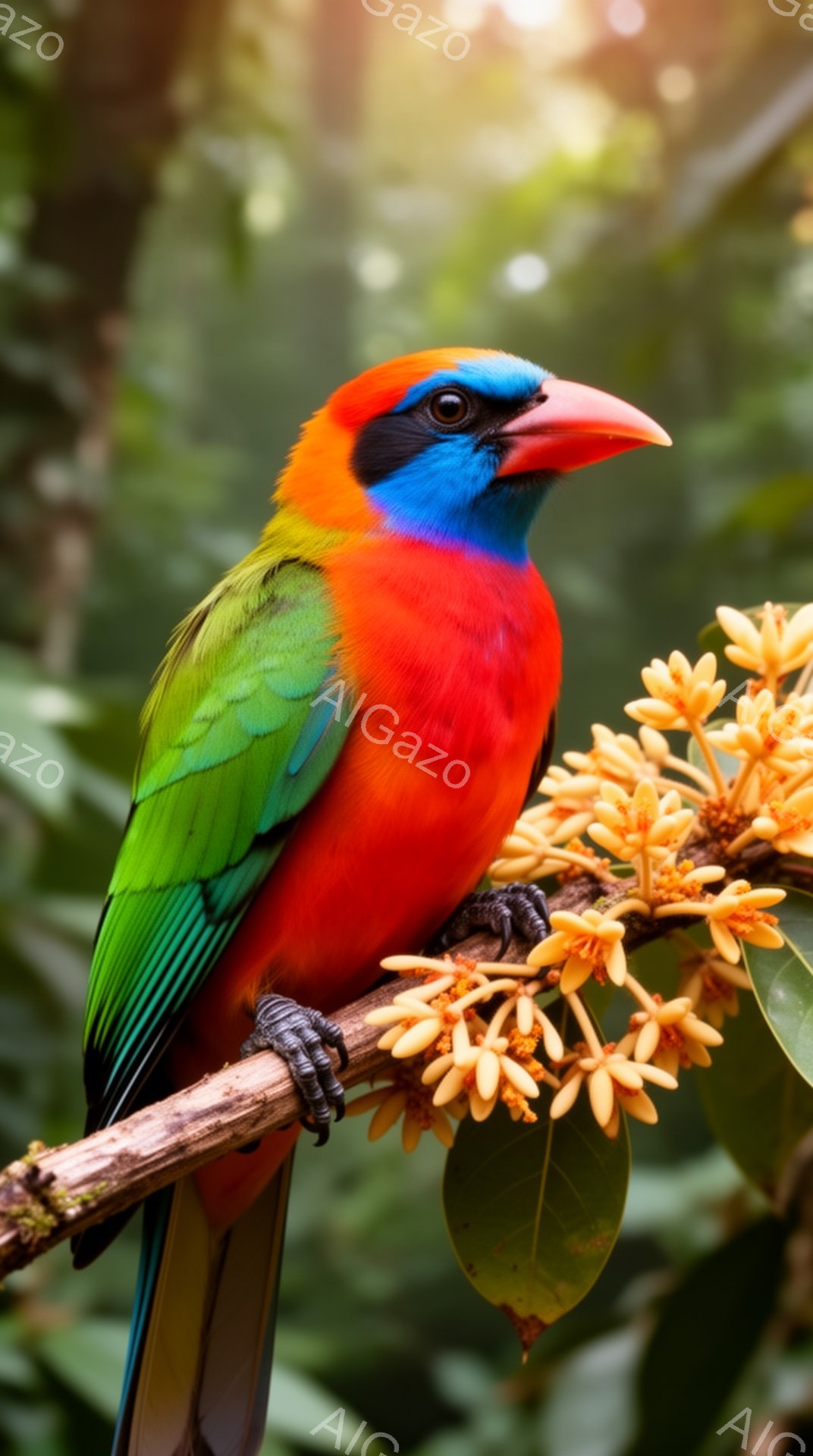 美しい色とりどりの鳥が枝に止まっています。鮮やかな赤、緑、青の羽毛が太陽の光を受けて輝き、周囲の緑豊かな背景とのコントラストが印象的です。花が咲き誇る枝にしっかりと掴まり、活気に満ちた自然の瞬間を捉えています。
