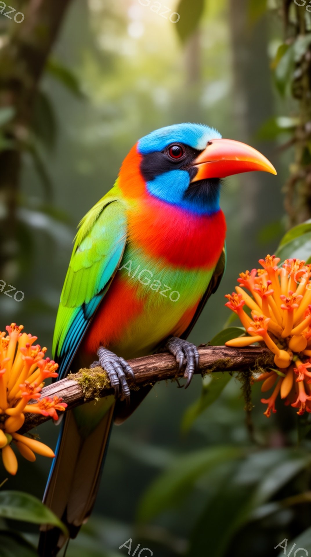 色鮮やかなタンチョウが枝に止まっています。鮮やかな緑、赤、青の羽毛が美しいコントラストを生み出し、その目は鋭く光っています。背景にはぼやけた緑の葉とオレンジ色の花があり、熱帯の雰囲気を感じさせます。