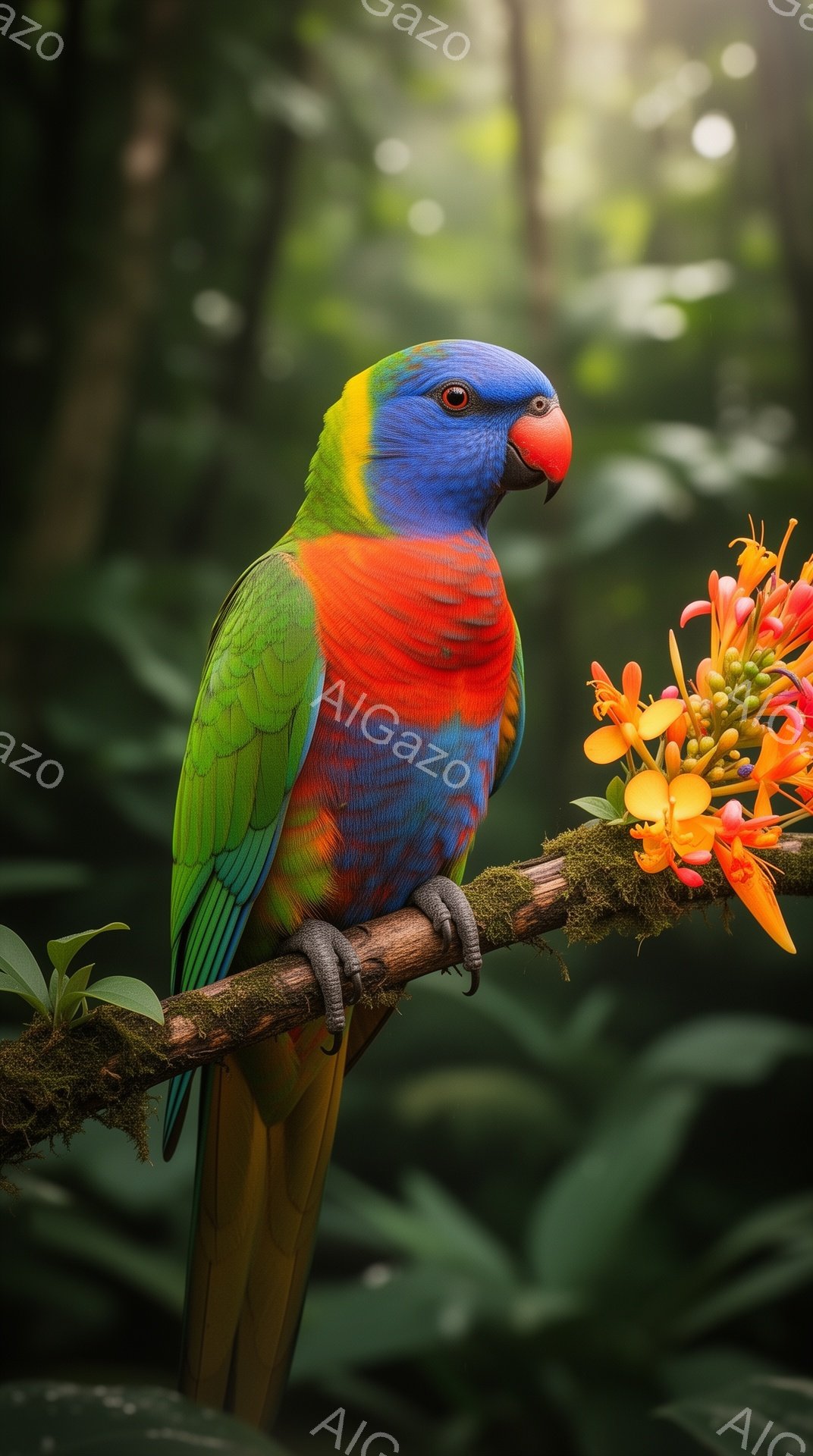 色鮮やかなインコが枝にとまっている。緑、青、赤、黄色の羽は光の中で輝き、背景の緑豊かな熱帯雨林とのコントラストが美しい。鮮やかなオレンジ色の花が添えられており、自然の美しさを強調している。