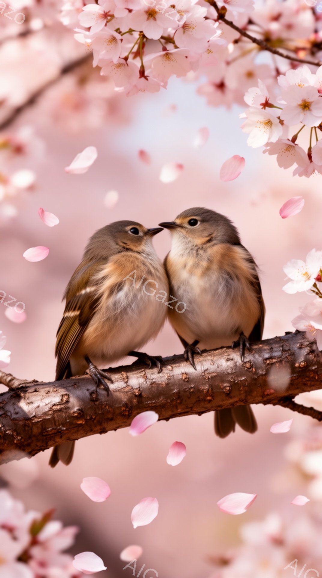 桜の枝にとまる2羽の鳥が描かれています。ピンク色の花びらが舞い散り、春の穏やかな雰囲気を醸し出しています。鳥たちは寄り添い、愛らしい様子が印象的です。