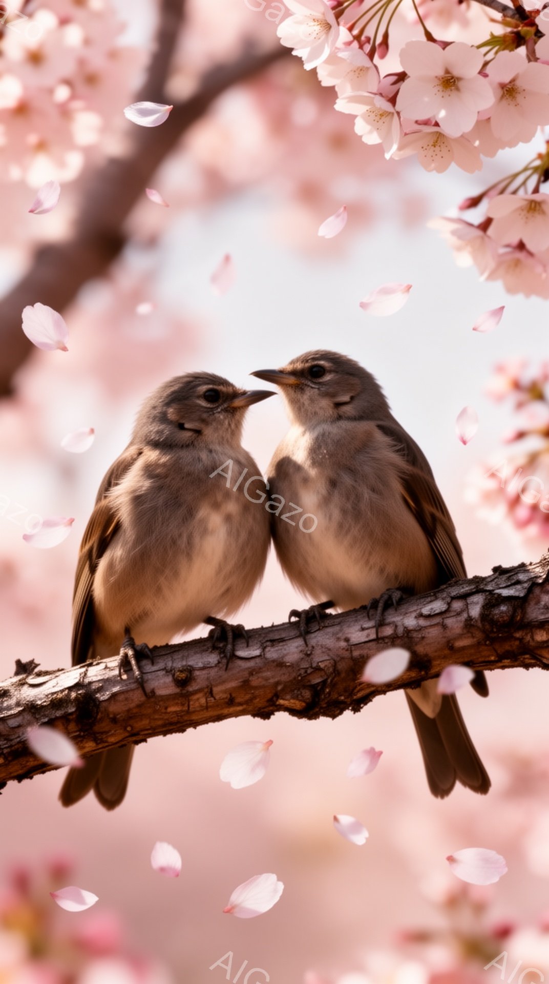 桜の枝にとまる2羽の鳥が描かれています。鳥たちは寄り添い、くちばしを合わせている様子は愛情深く、春の暖かさと穏やかな雰囲気を醸し出しています。周りには桜の花びらが舞い、美しい春の情景を表現しています。