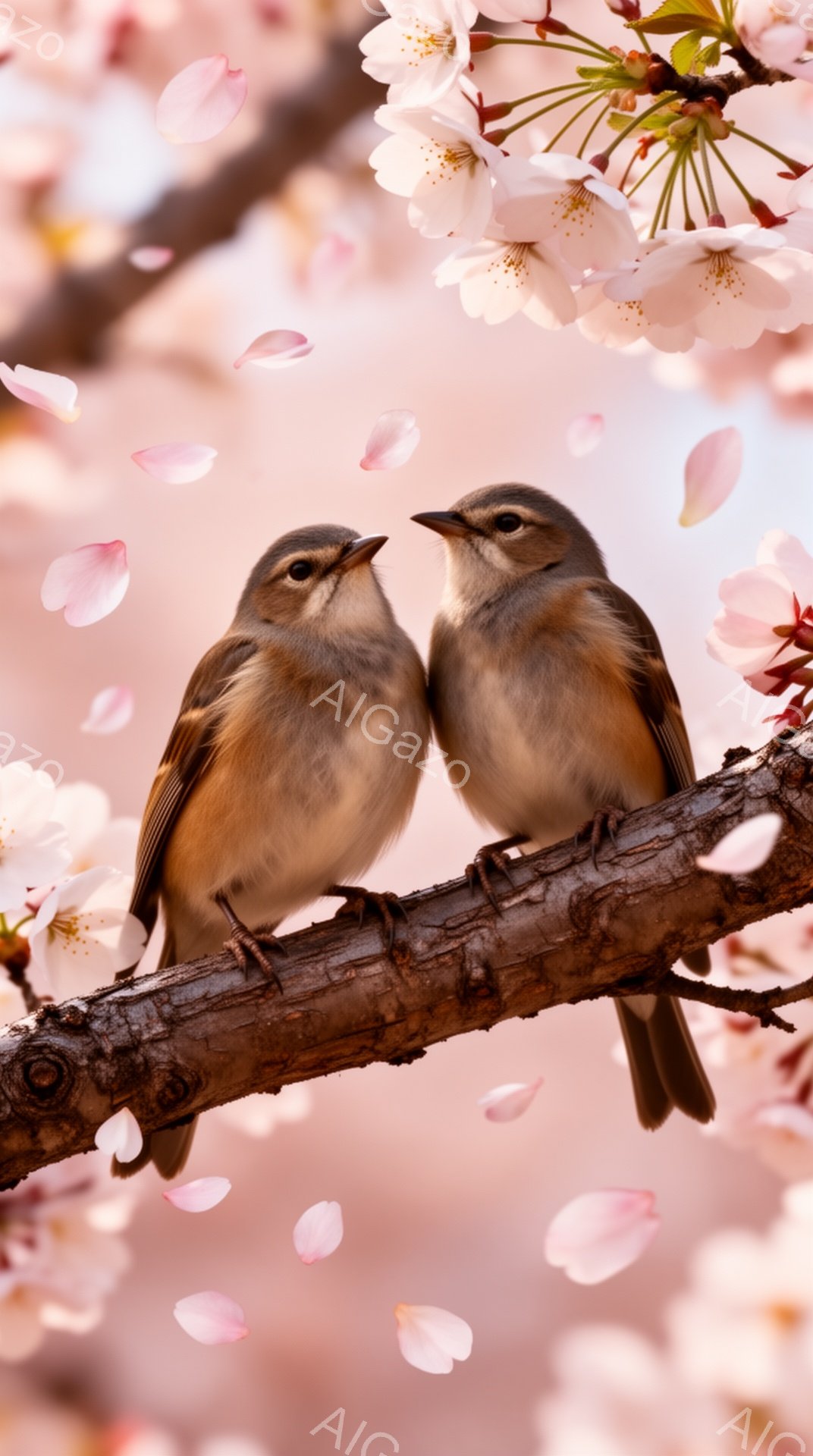 桜の枝に寄り添うようにして座っている２羽の鳥が描かれています。ピンク色の桜の花びらが舞い散り、春の穏やかな雰囲気を醸し出しています。背景はぼかされており、鳥たちに焦点が当たっています。