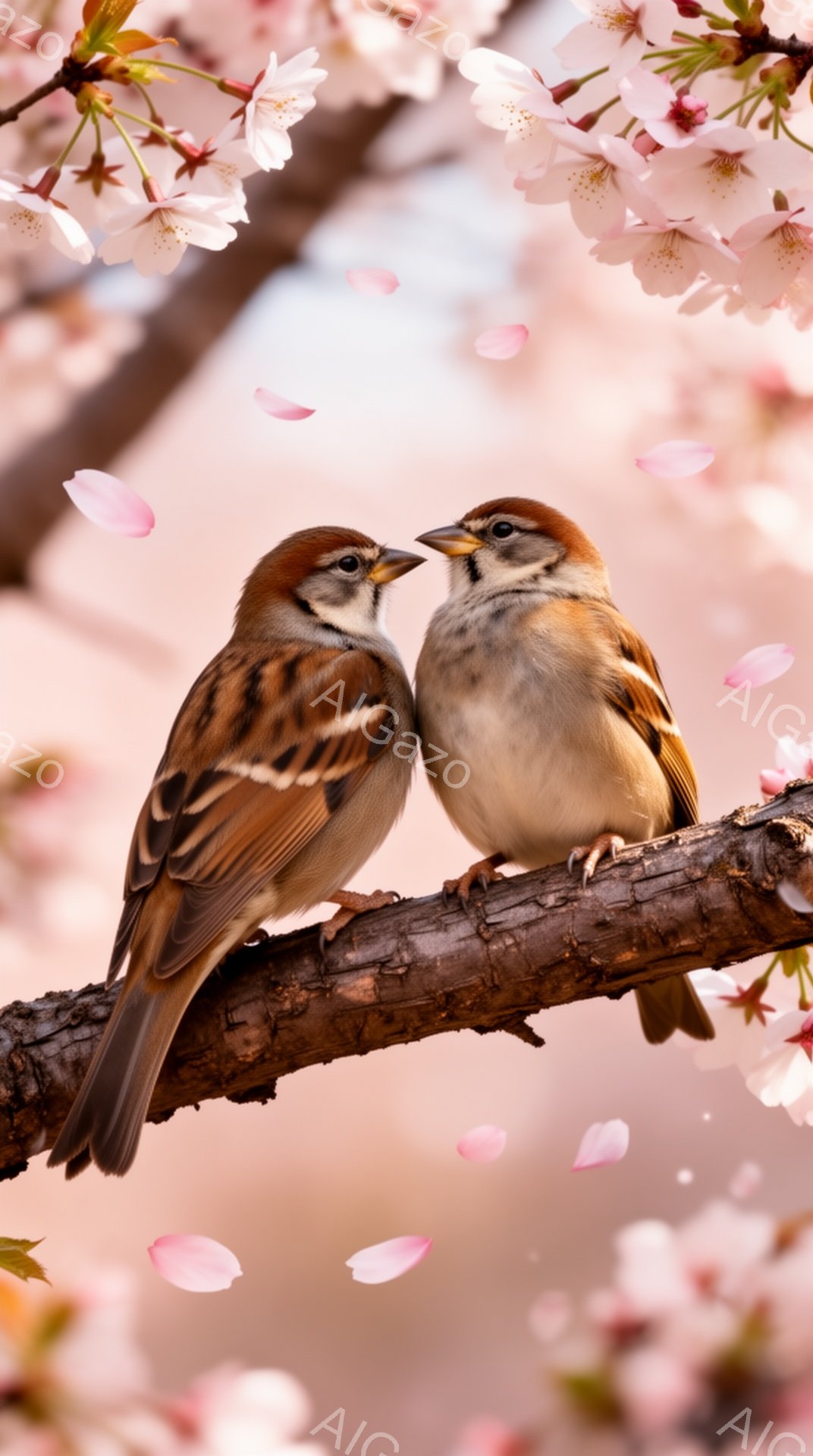 桜の枝に二羽のスズメが寄り添って座っています。ピンク色の桜の花びらが舞い、春の穏やかな雰囲気を醸し出しています。背景はぼやけており、スズメに焦点が当たっています。