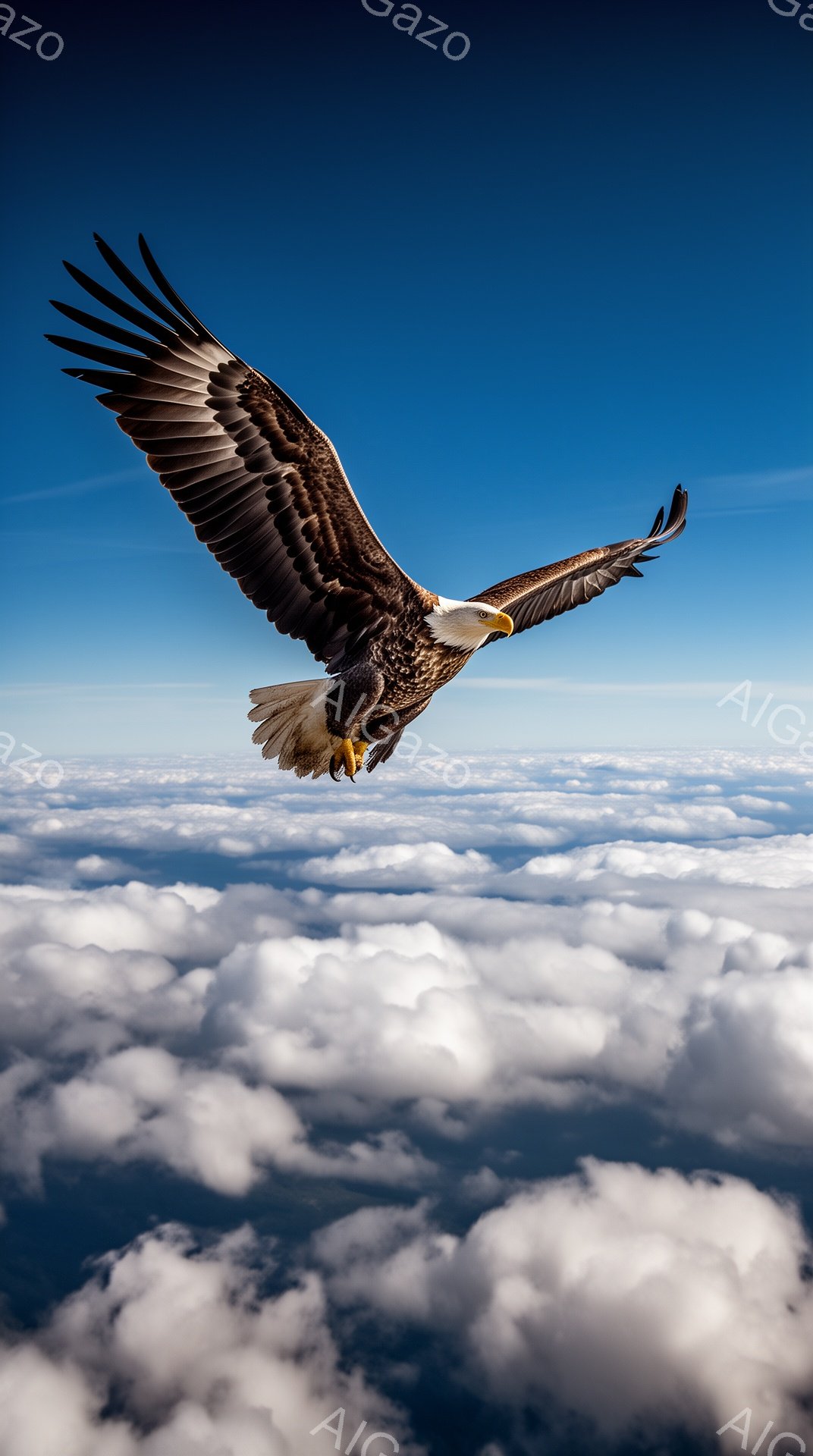 広大な雲海を背景に、白頭鷲が翼を広げ力強く飛んでいる。青空とのコントラストが鮮やかで、鷲の精悍な姿が印象的だ。下界の景色は雲に覆われ、高みから見下ろす壮大な風景が表現されている。
