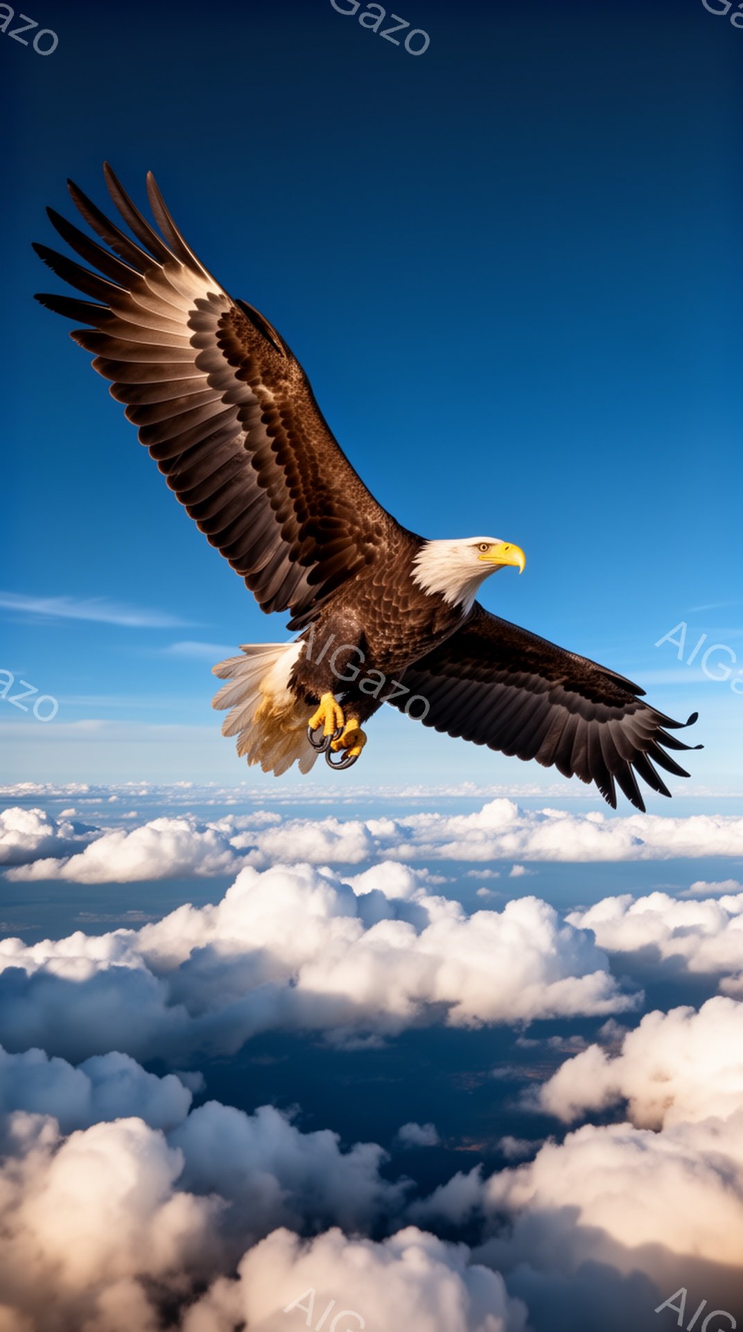 広大な雲海を背景に、翼を広げたアメリカワシが力強く飛翔している。鋭い眼光と力強い爪が特徴的で、まさに自由の象徴のような姿だ。青空とのコントラストが美しく、雄大でドラマチックな雰囲気を感じさせる。 - AI生成フリー素材