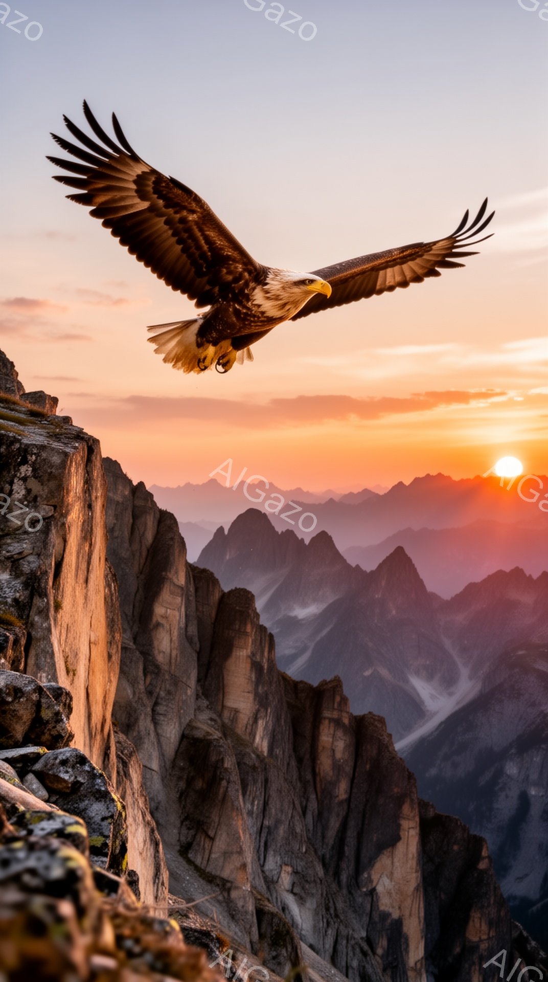 険しい山岳地帯を背景に、巨大なワシが翼を広げて飛んでいる。夕焼け空はオレンジと赤のグラデーションで、山々のシルエットを照らし出し、力強く美しい光景を作り出している。ワシの鋭い眼差しと羽ばたく姿は、大自然の生命力と自由を象徴しているようだ。